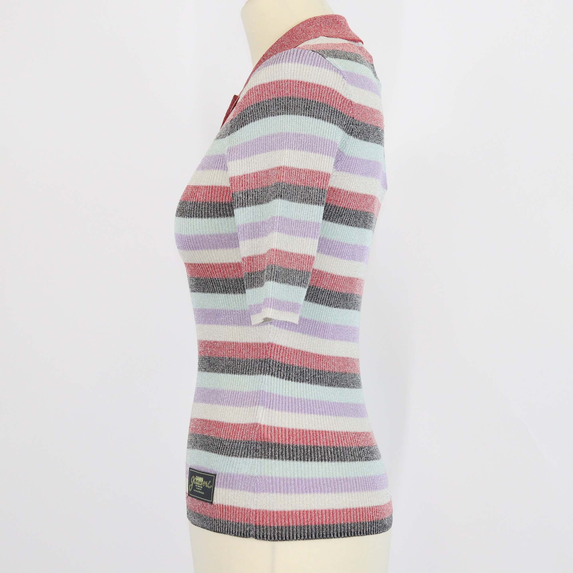 Ganni Multicolor Lurex Striped Knitted Polo Top