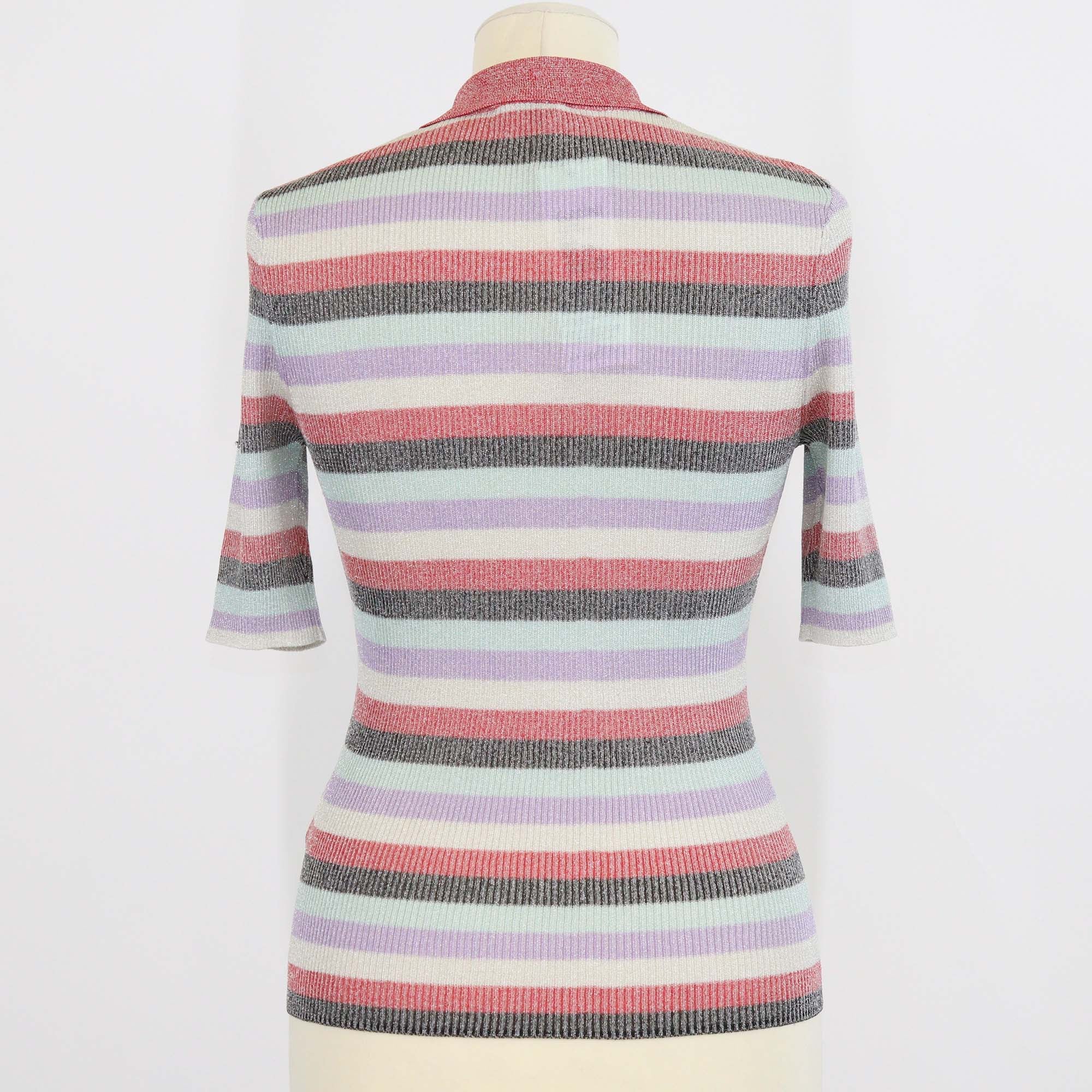 Ganni Multicolor Lurex Striped Knitted Polo Top