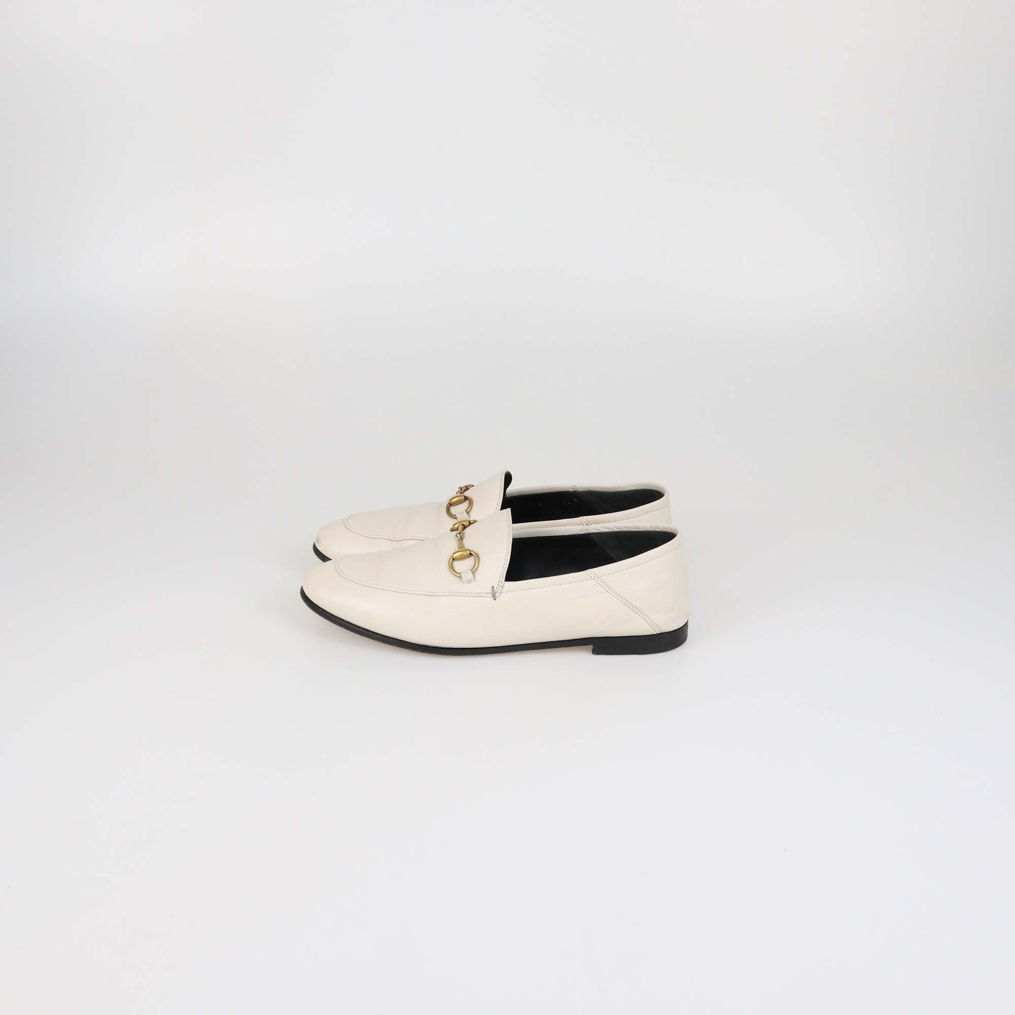 Gucci Off White Leather Foldable Slim Horsebit Loafers