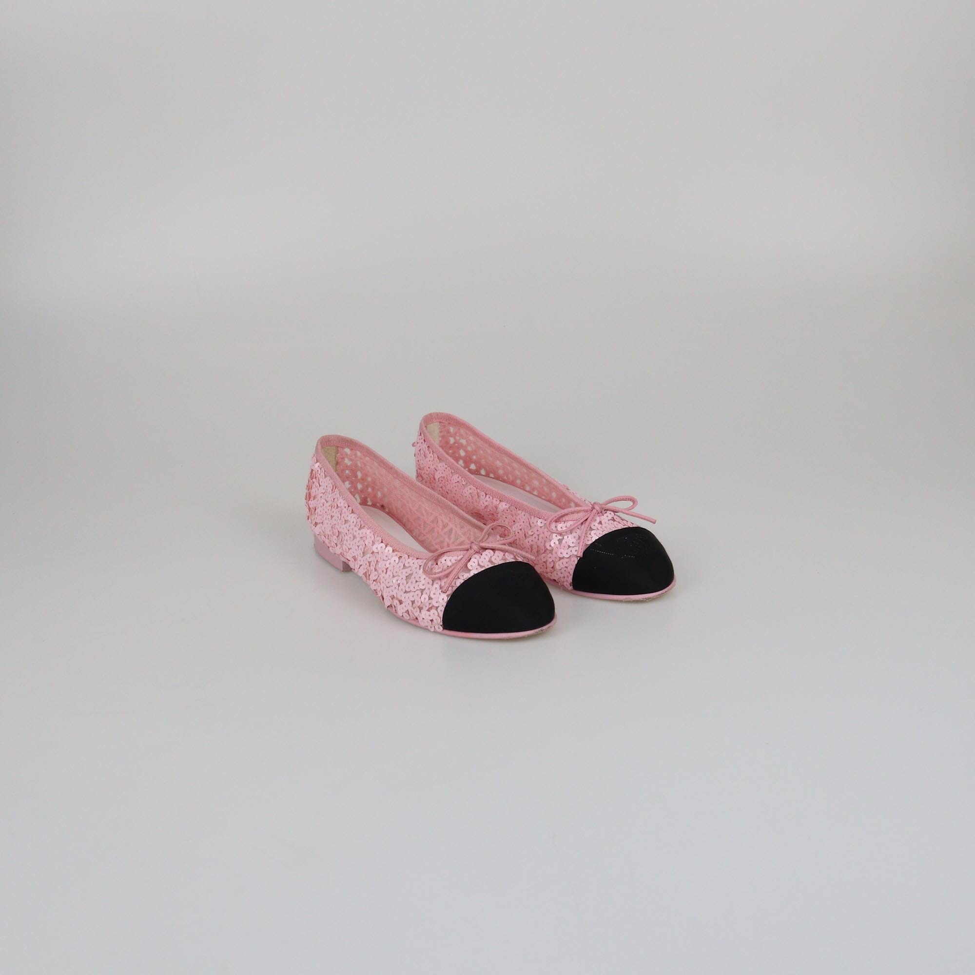 Chanel Pink/Black Bow Cap Toe Flats Womens Chanel