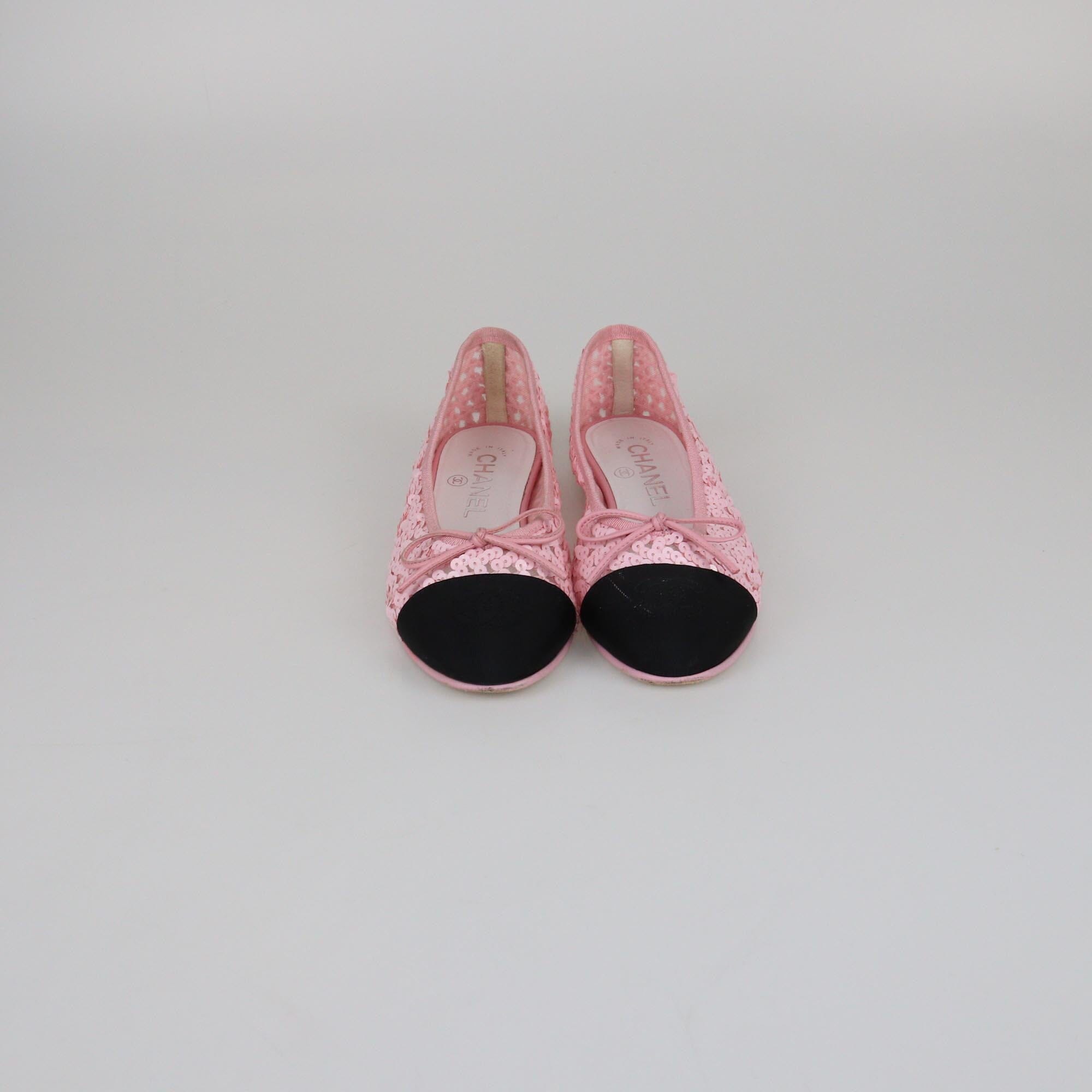 Chanel Pink/Black Bow Cap Toe Flats Womens Chanel