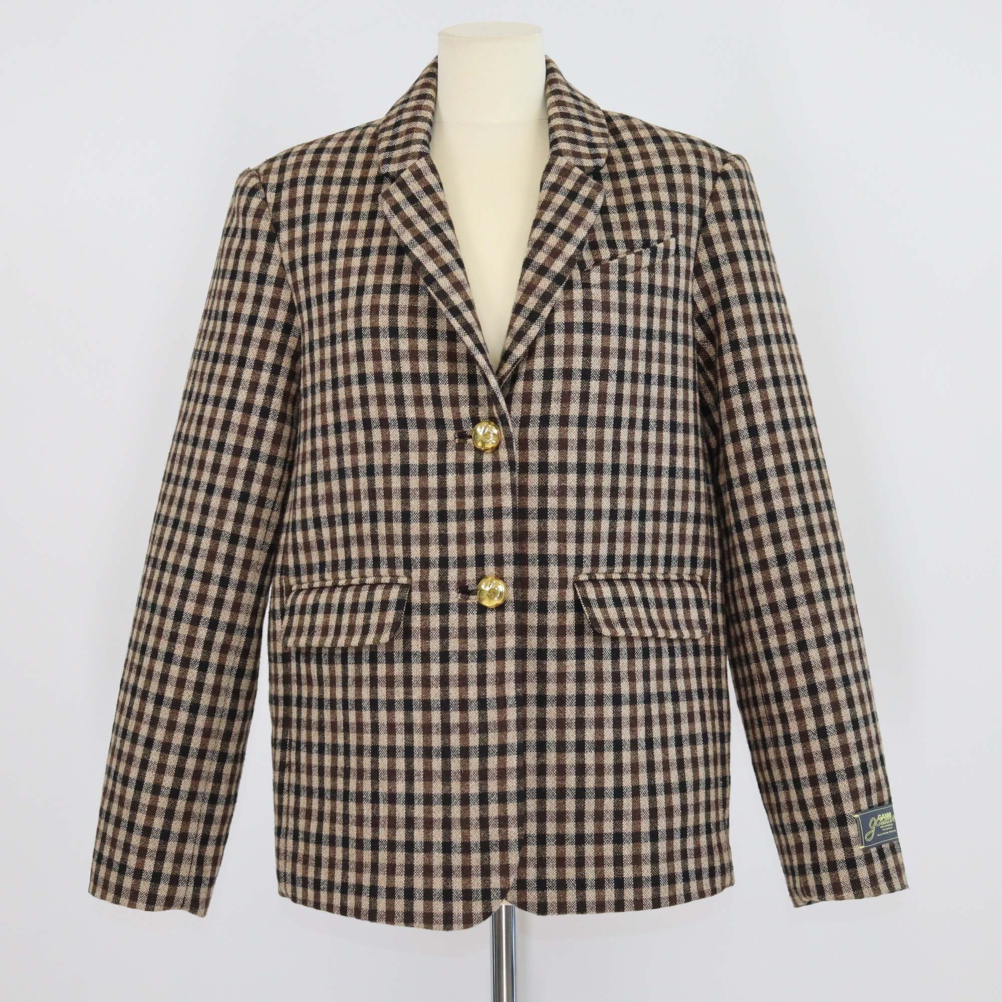 Ganni Brown Wool Blend Checked Breasted Blazer