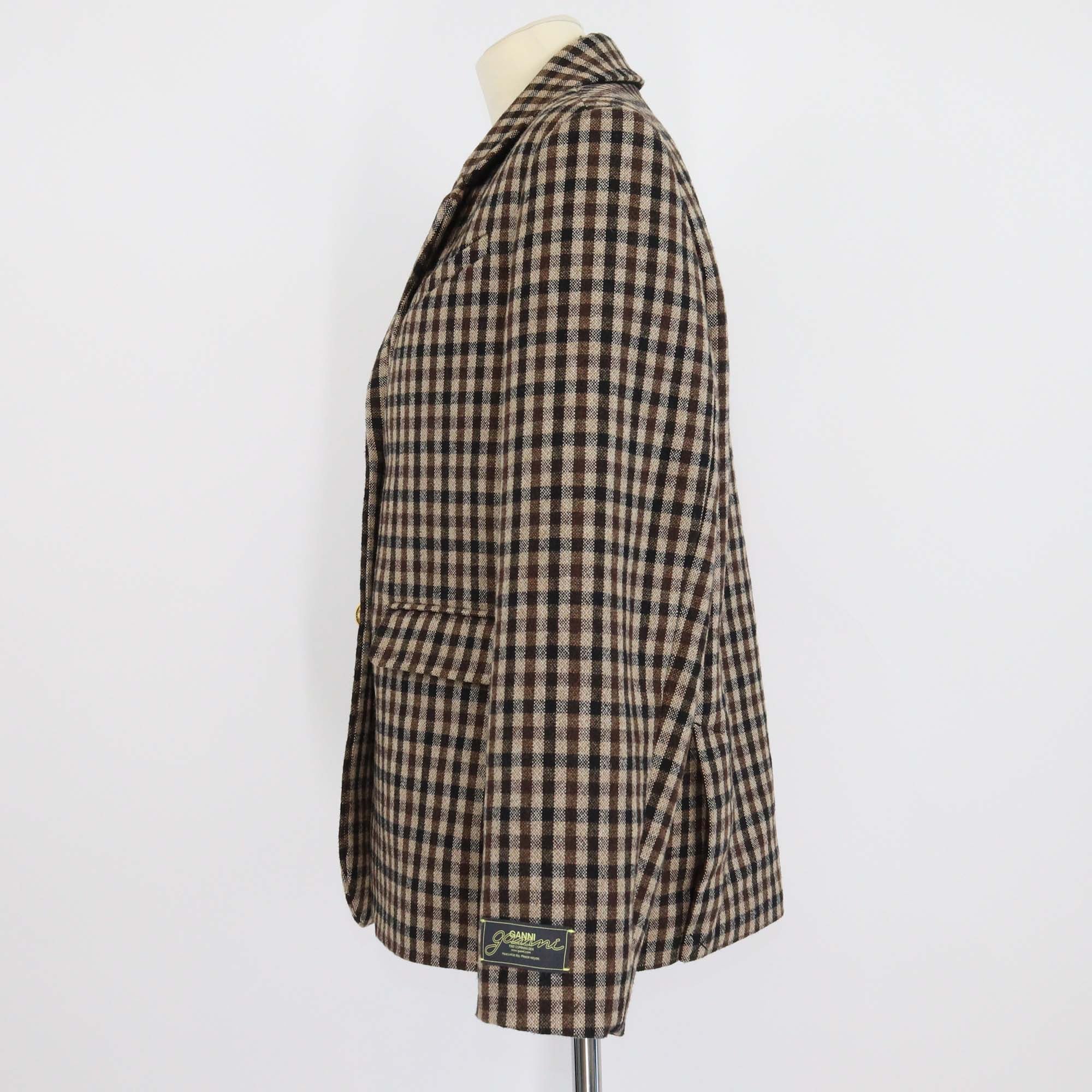 Ganni Brown Wool Blend Checked Breasted Blazer