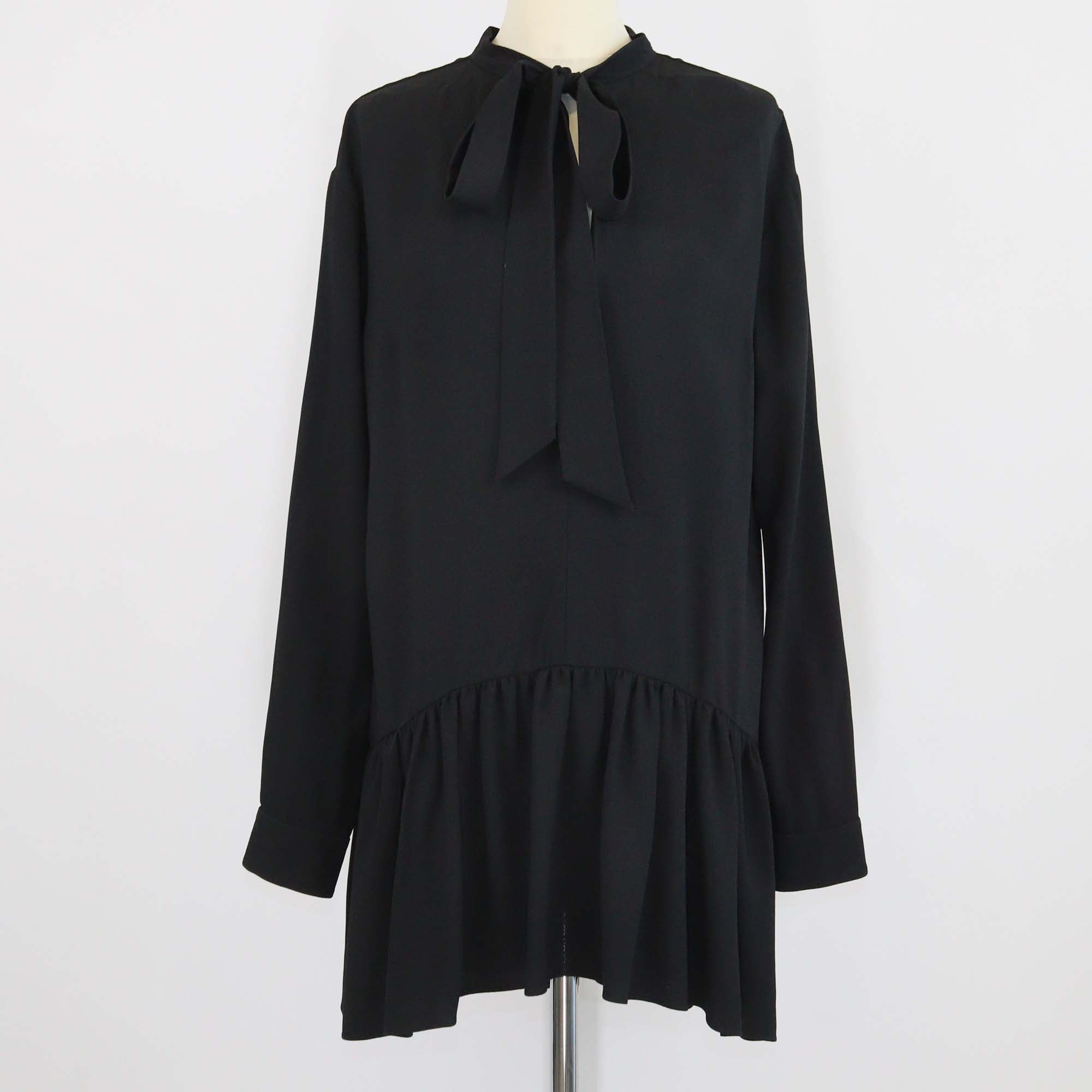 Saint Laurent Black Crepe Neck Tie Detailed Long Sleeve Dress