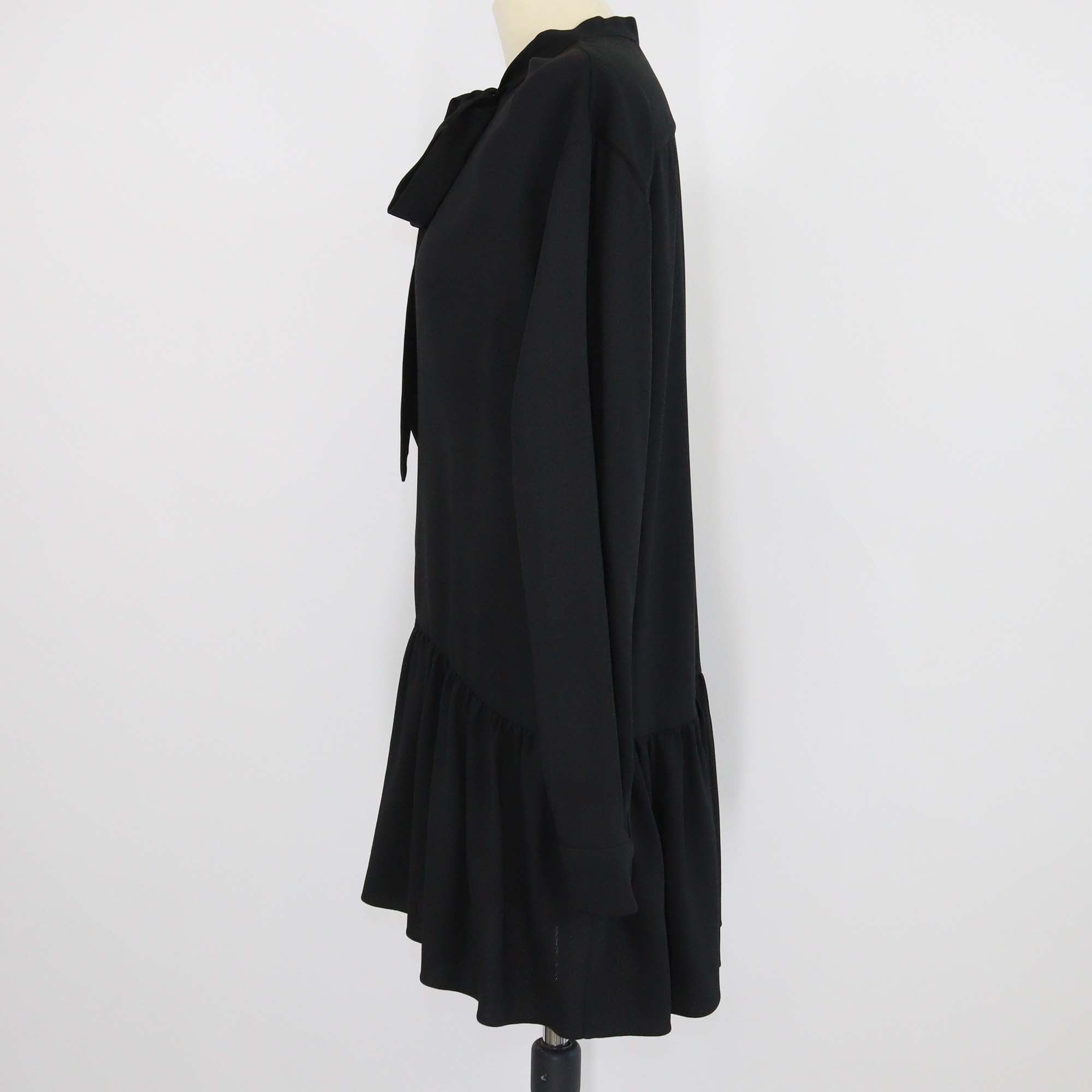 Saint Laurent Black Crepe Neck Tie Detailed Long Sleeve Dress