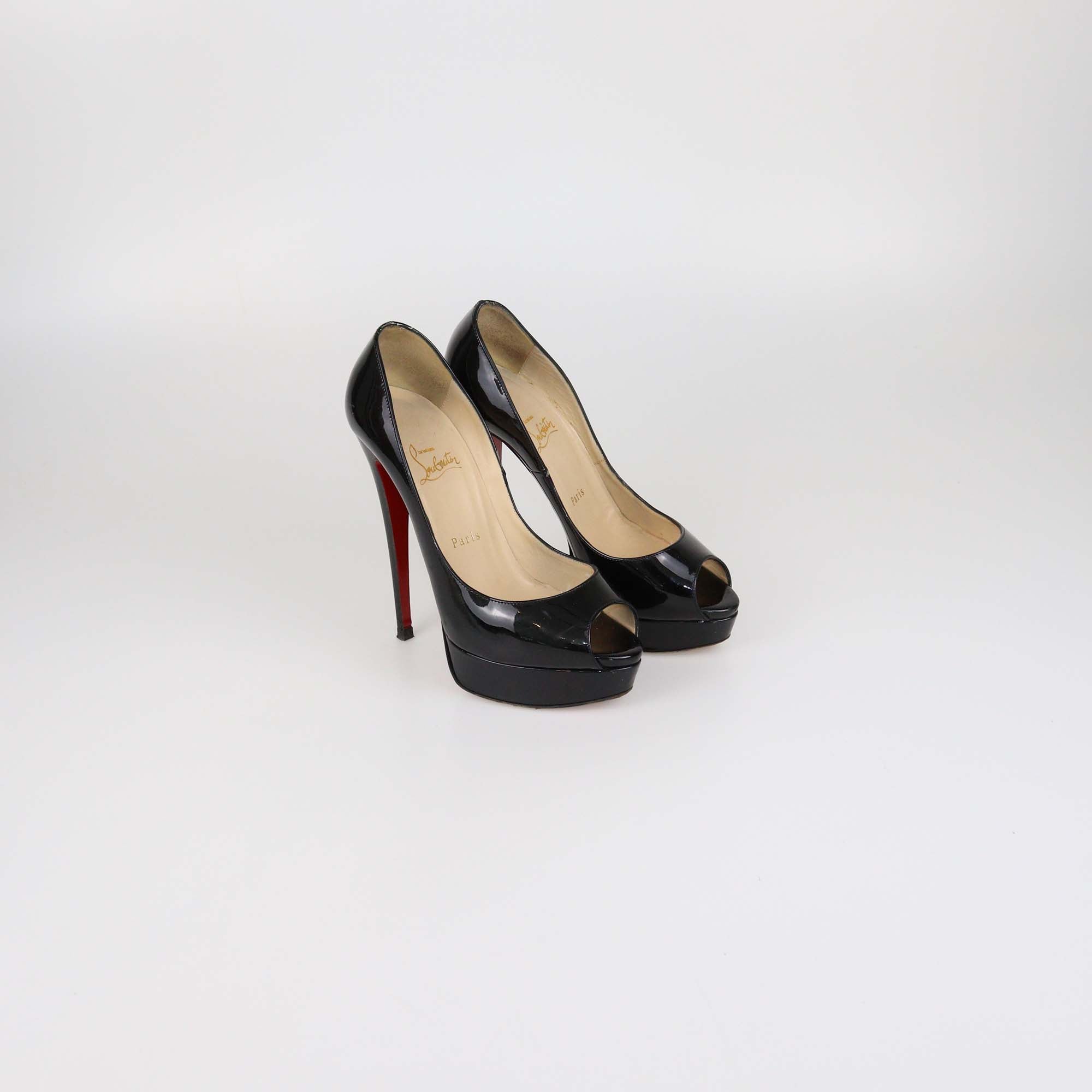 Christian Louboutin Black Patent Leather Lady Peep Toe Platform Pumps