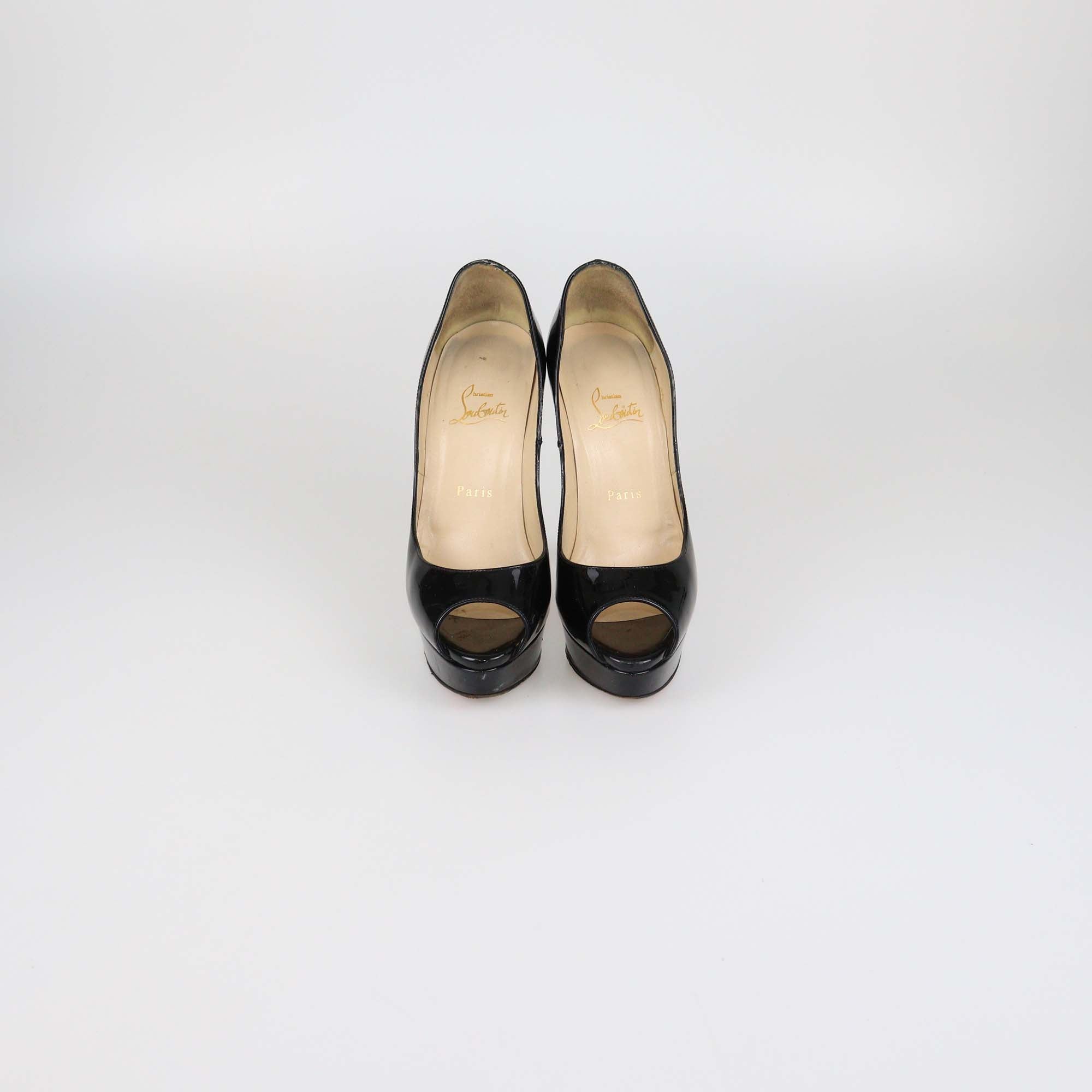 Christian Louboutin Black Patent Leather Lady Peep Toe Platform Pumps