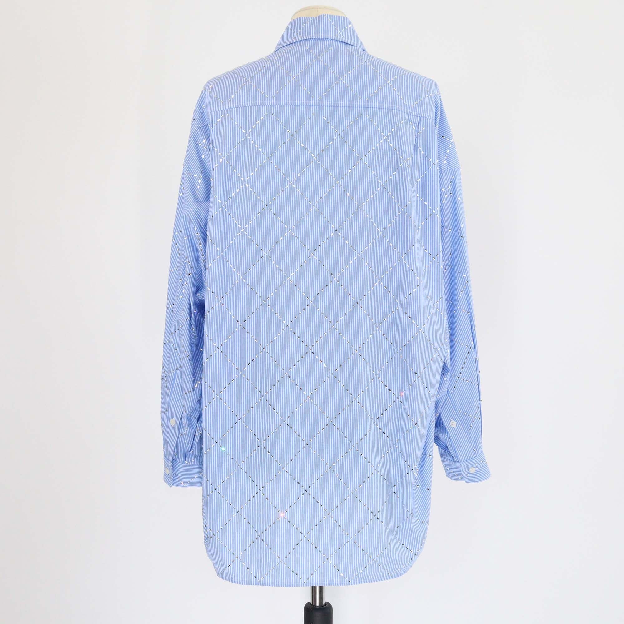Sandro Blue Pinstripe Janeiro Rhinestone Oversized Shirt Womens Sandro