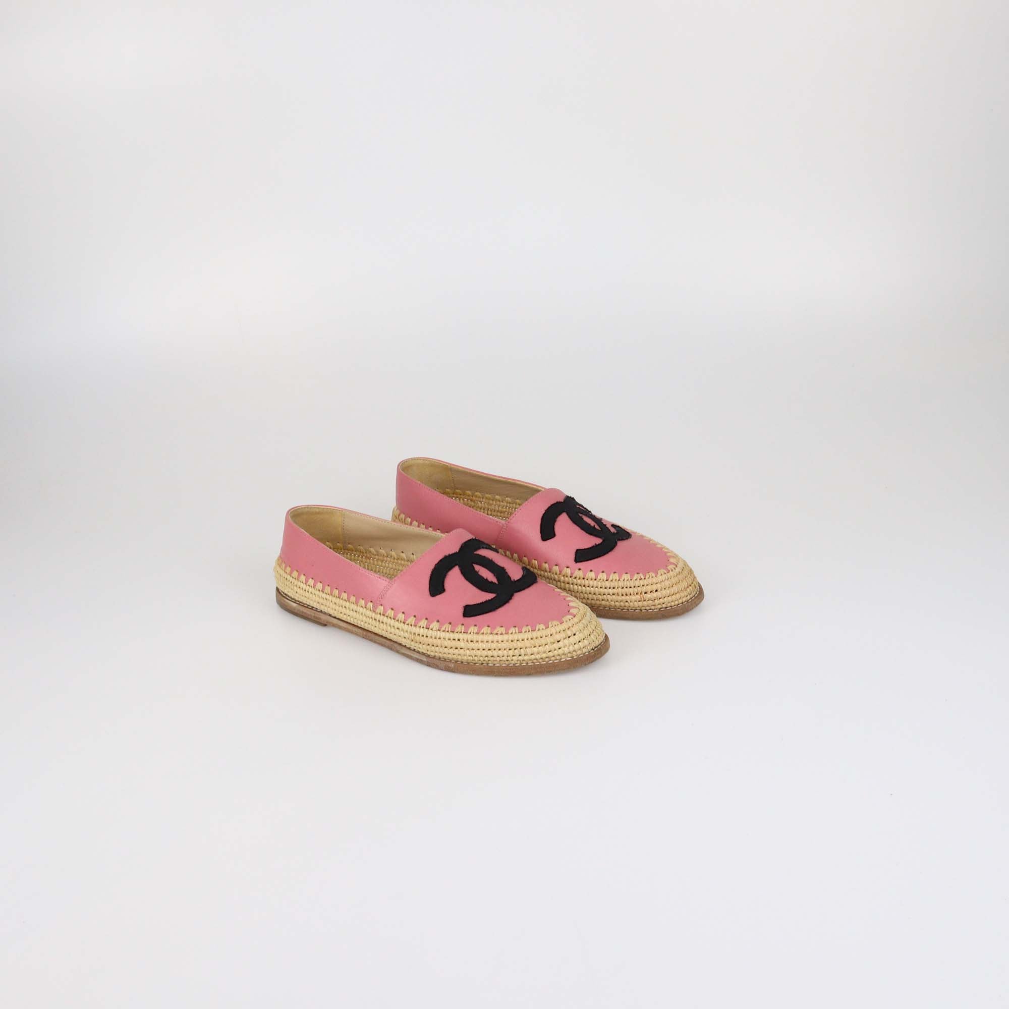 Chanel Pink Leather and Raffia CC Flats