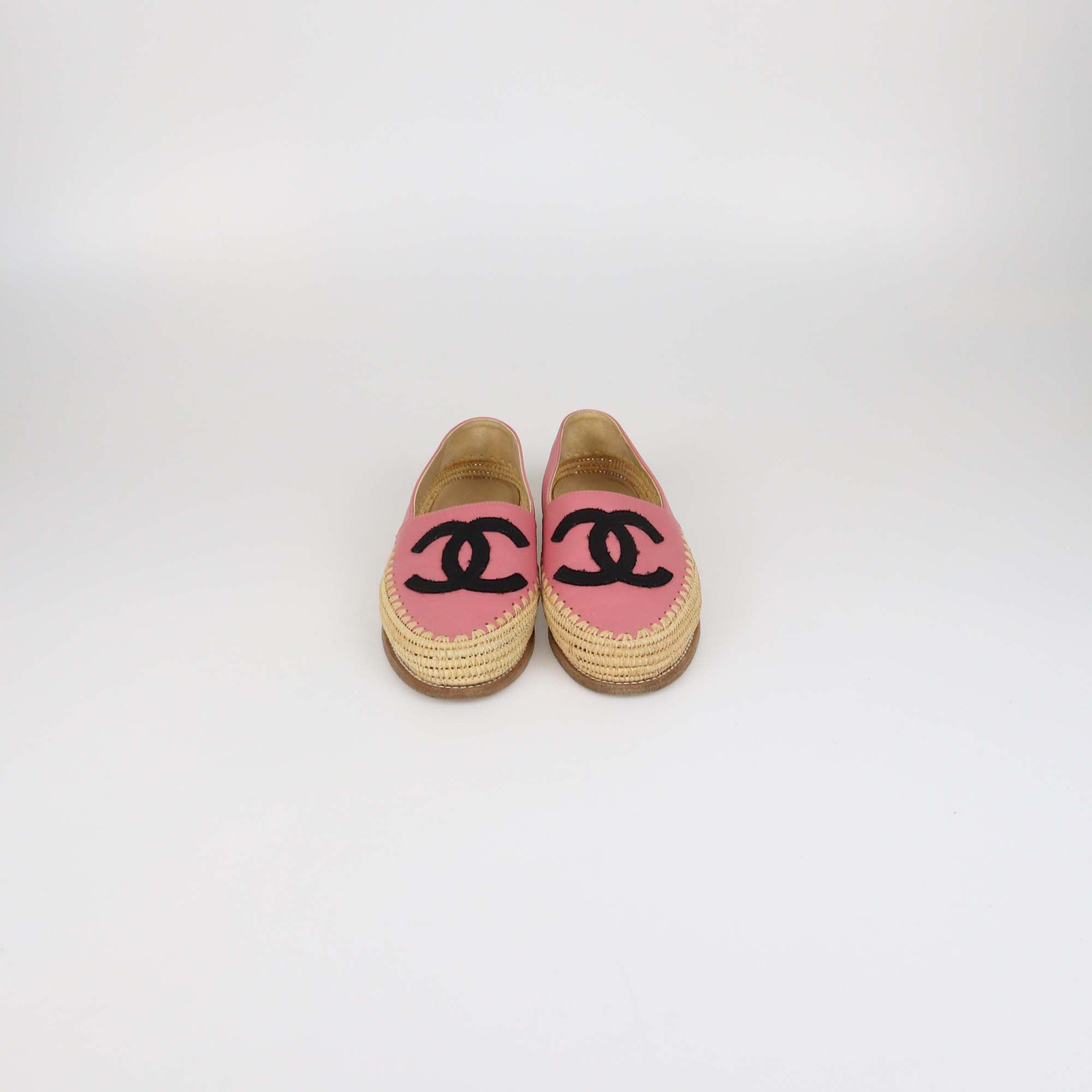 Chanel Pink Leather and Raffia CC Flats
