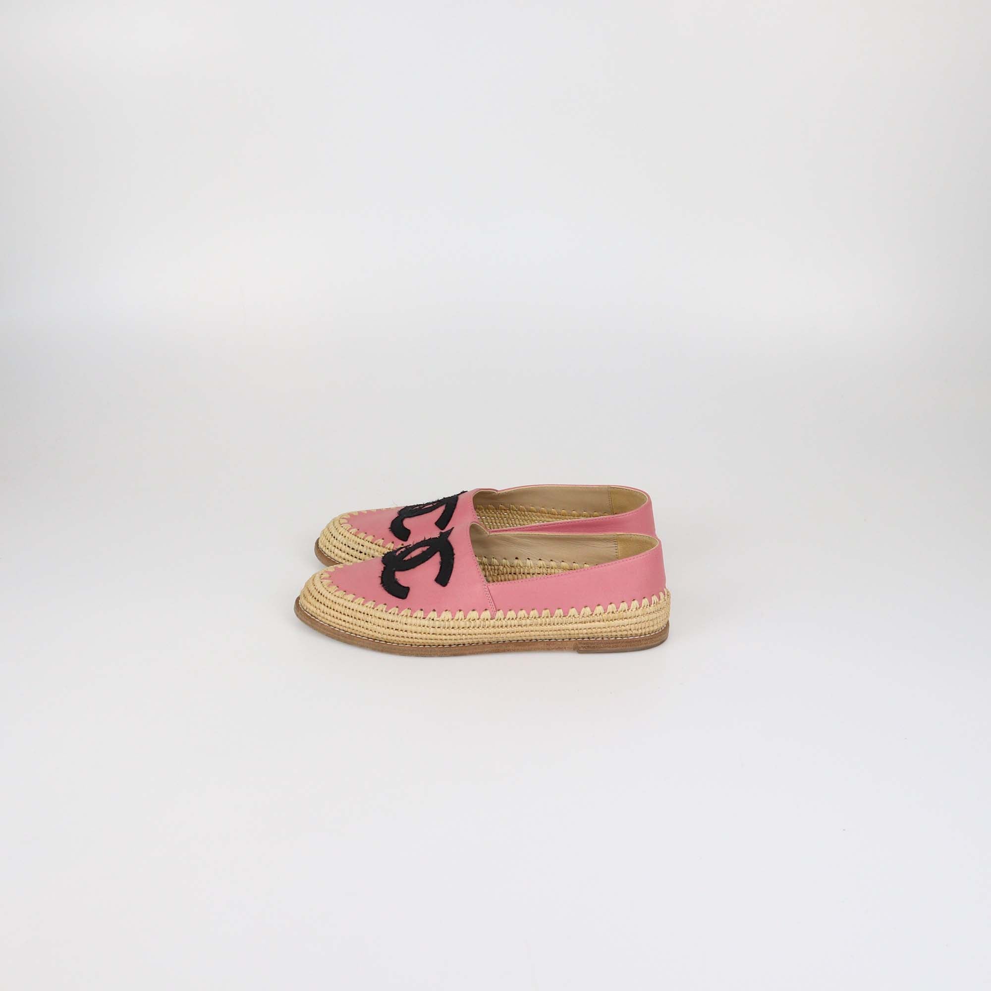 Chanel Pink Leather and Raffia CC Flats