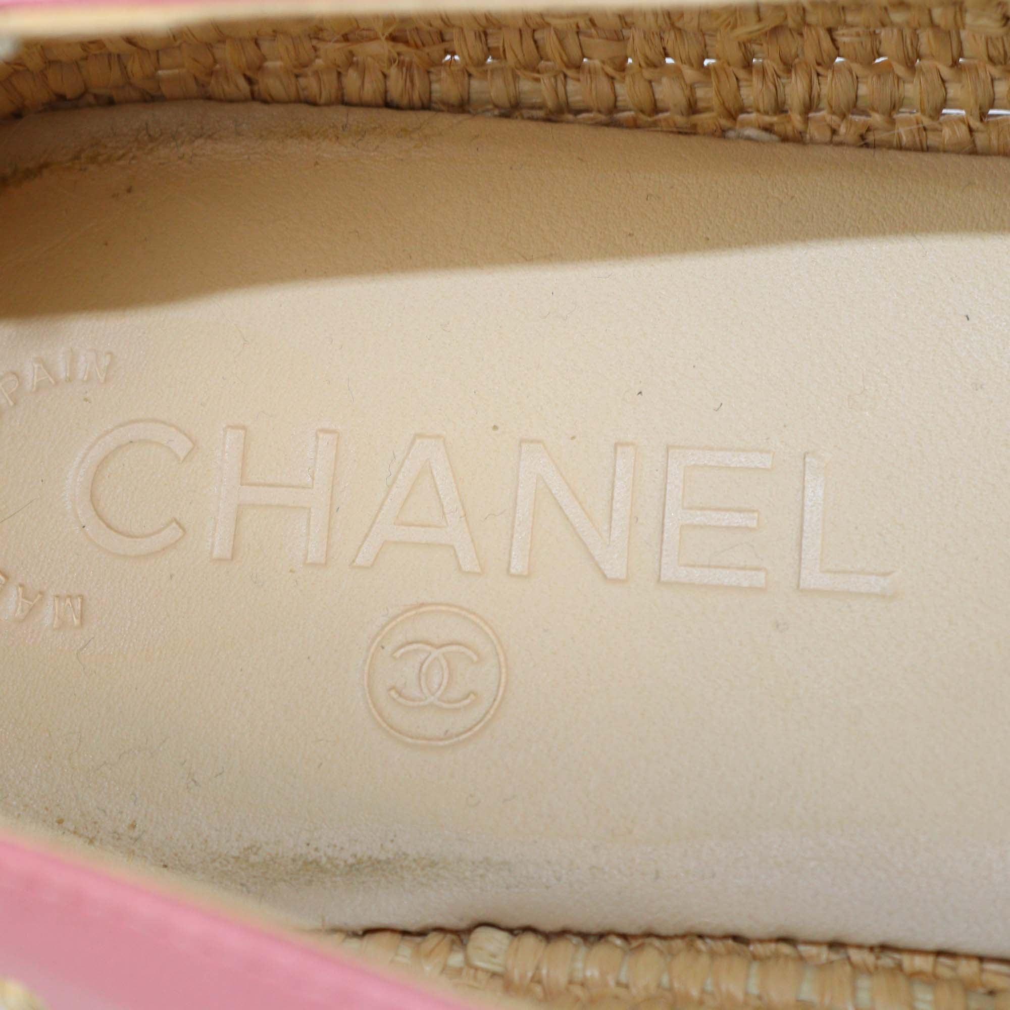 Chanel Pink Leather and Raffia CC Flats