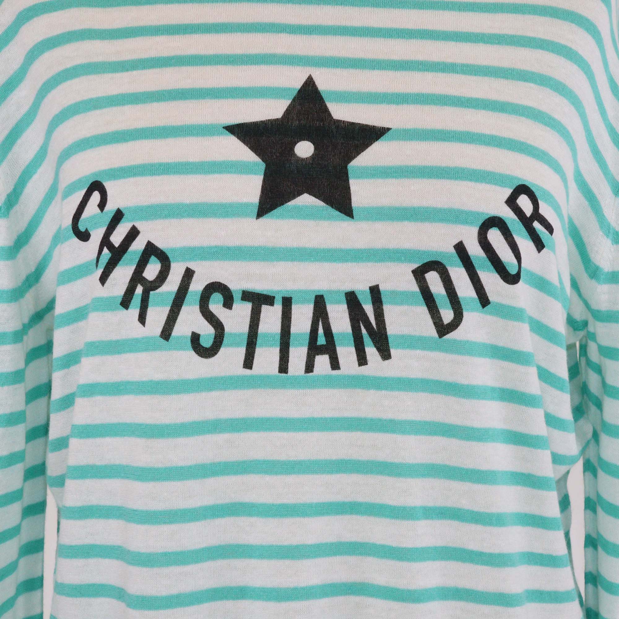 Christian Dior White/Green Monochrome Stripe Logo Print Sweater