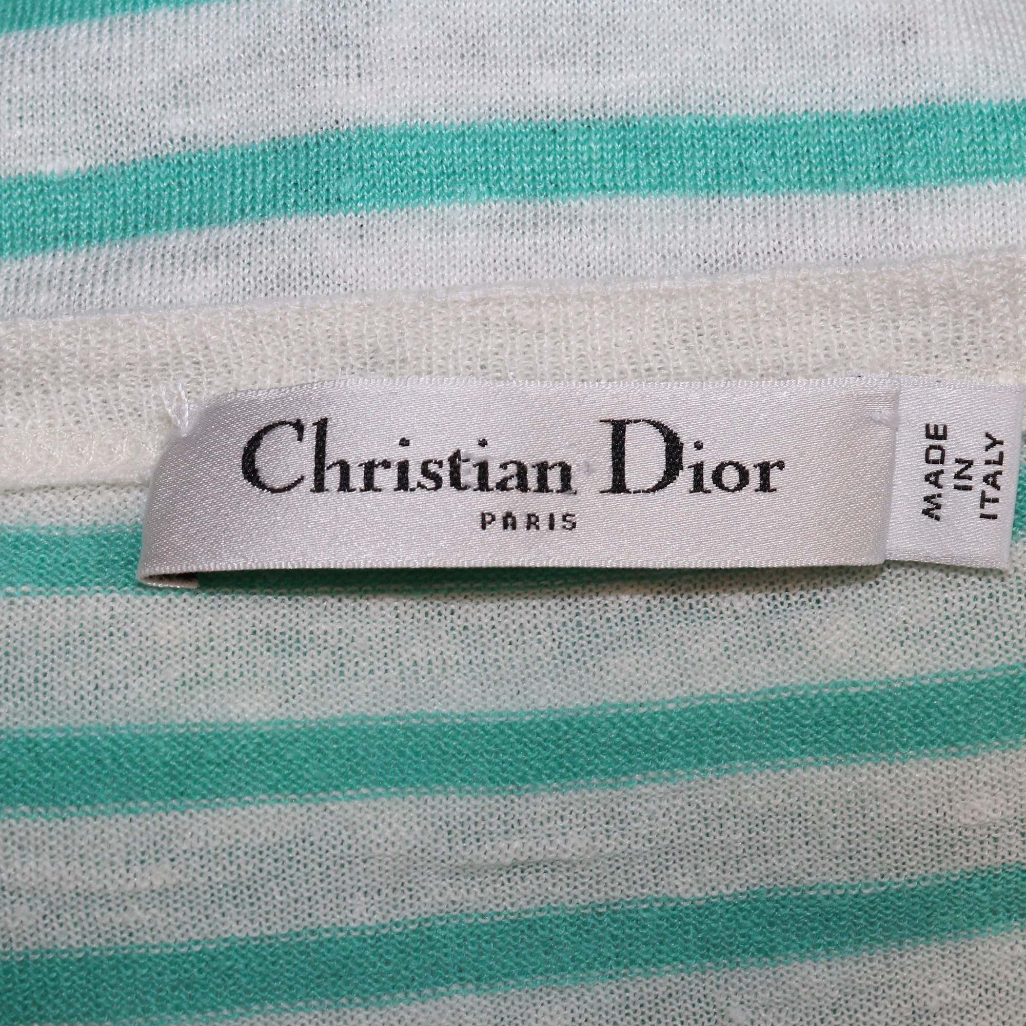 Christian Dior White/Green Monochrome Stripe Logo Print Sweater