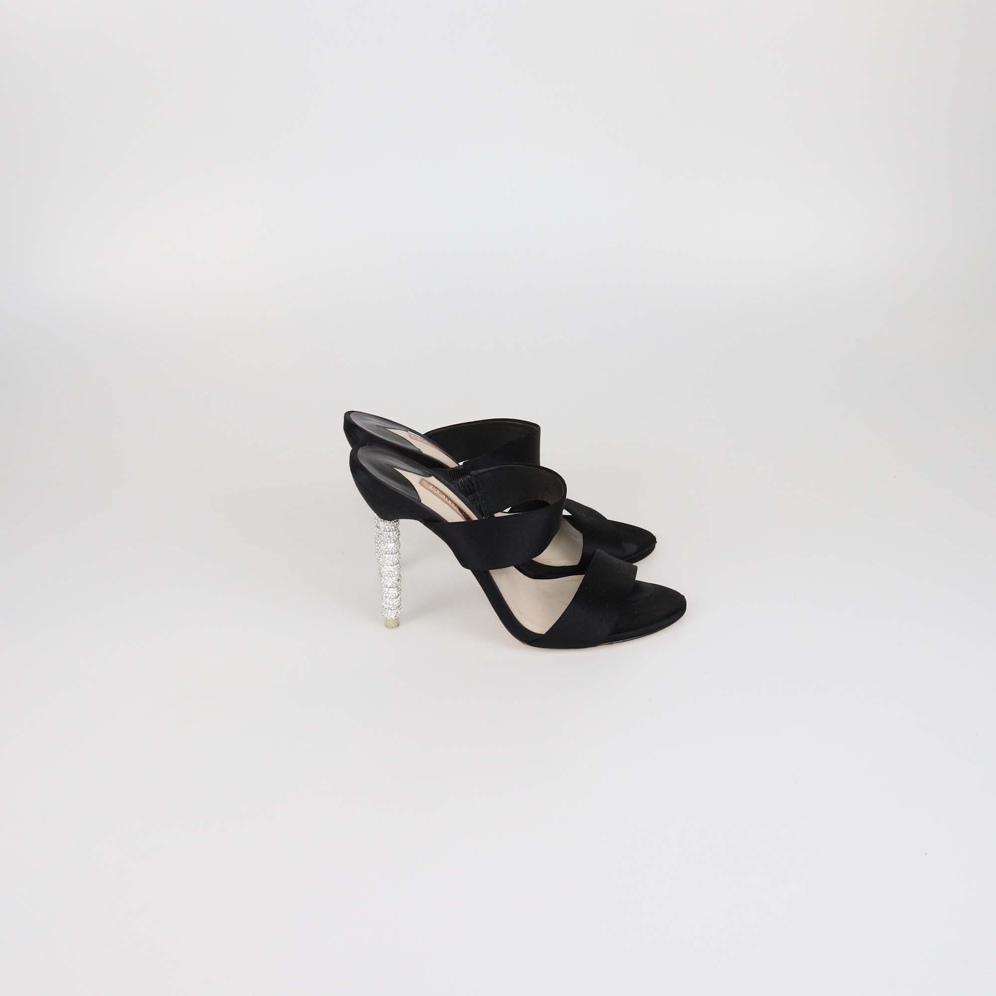 Sophia Webster Black Satin Crystal Embellished Heel Slide Sandals