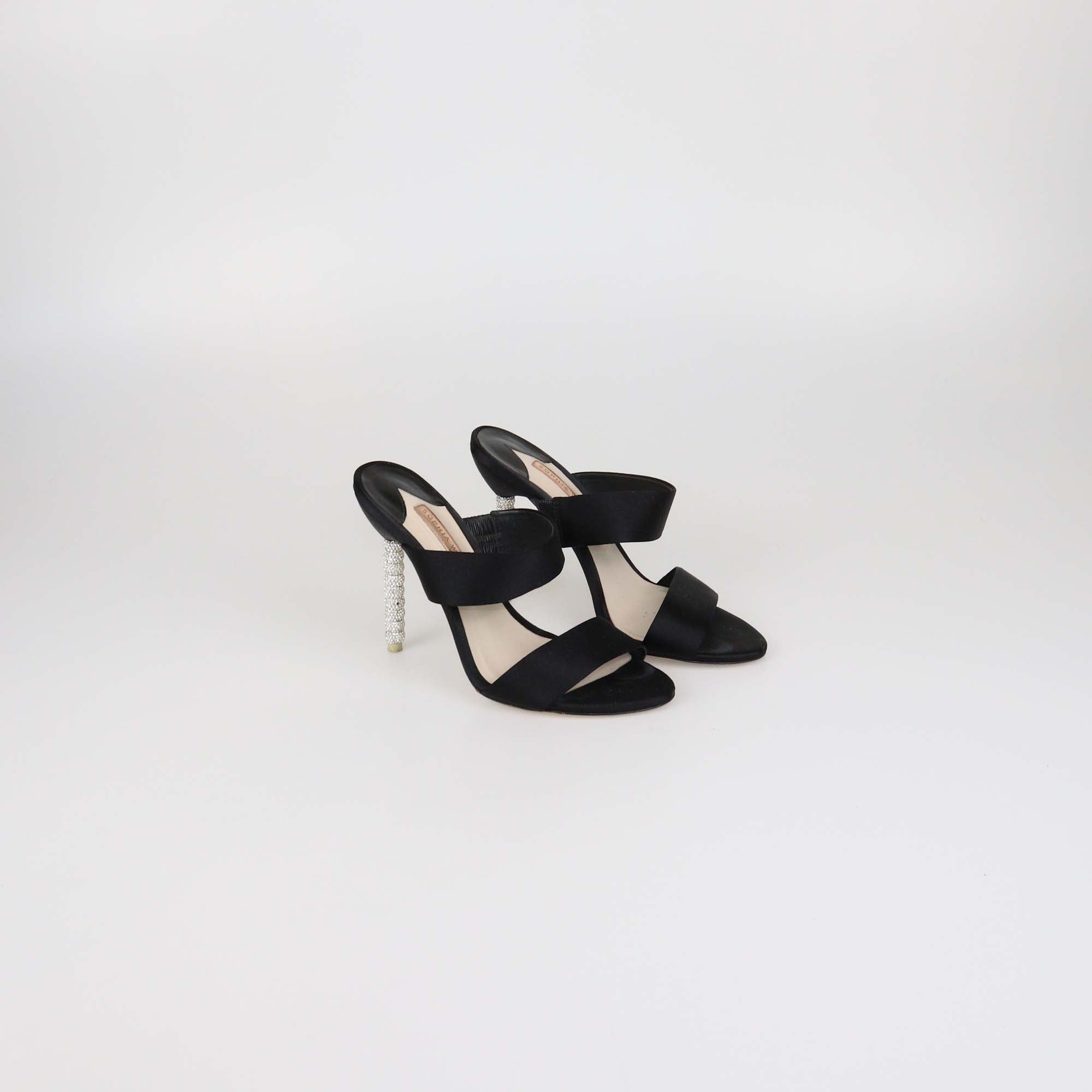 Sophia Webster Black Satin Crystal Embellished Heel Slide Sandals