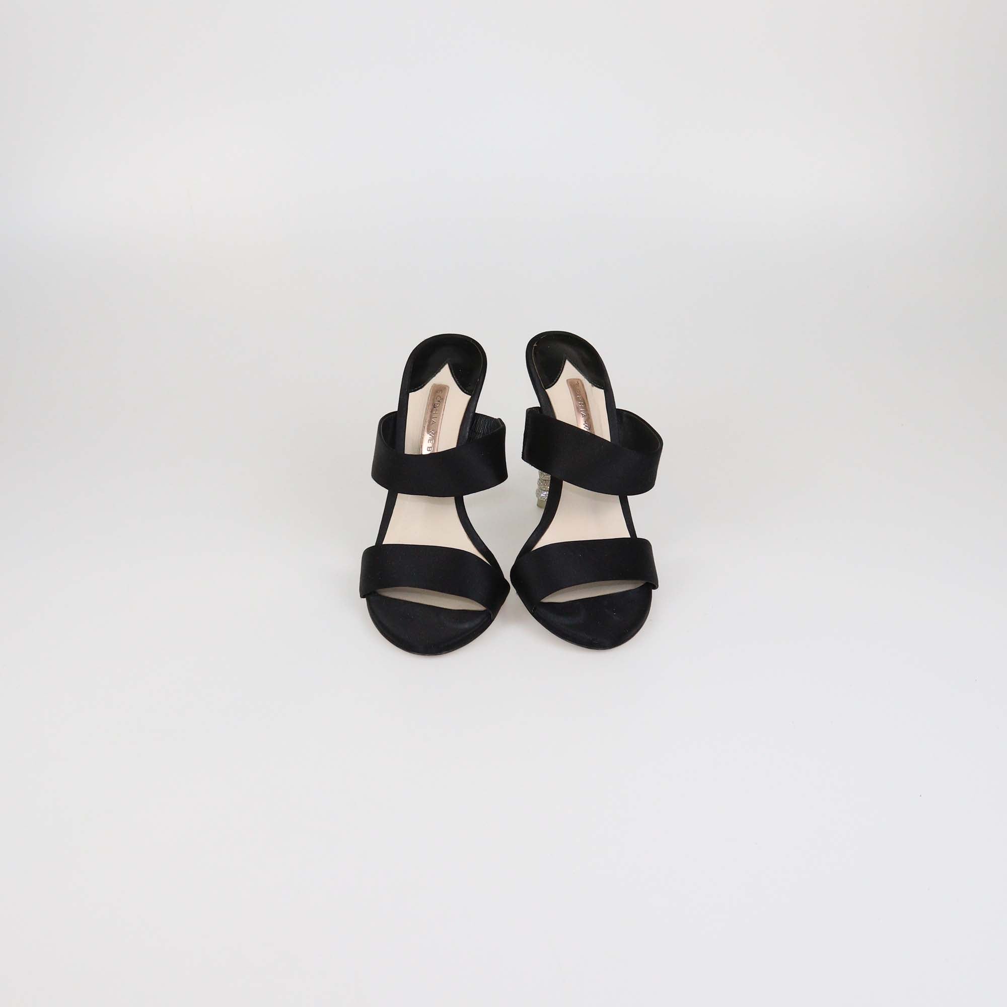 Sophia Webster Black Satin Crystal Embellished Heel Slide Sandals