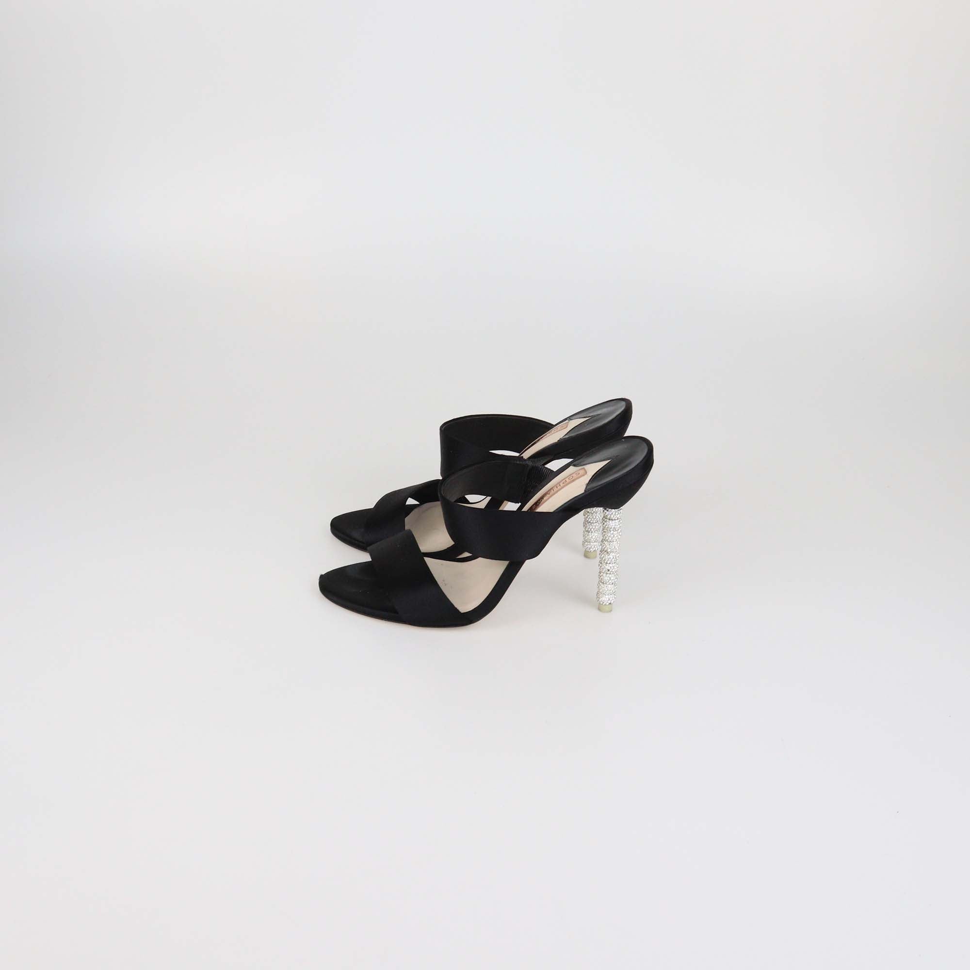 Sophia Webster Black Satin Crystal Embellished Heel Slide Sandals
