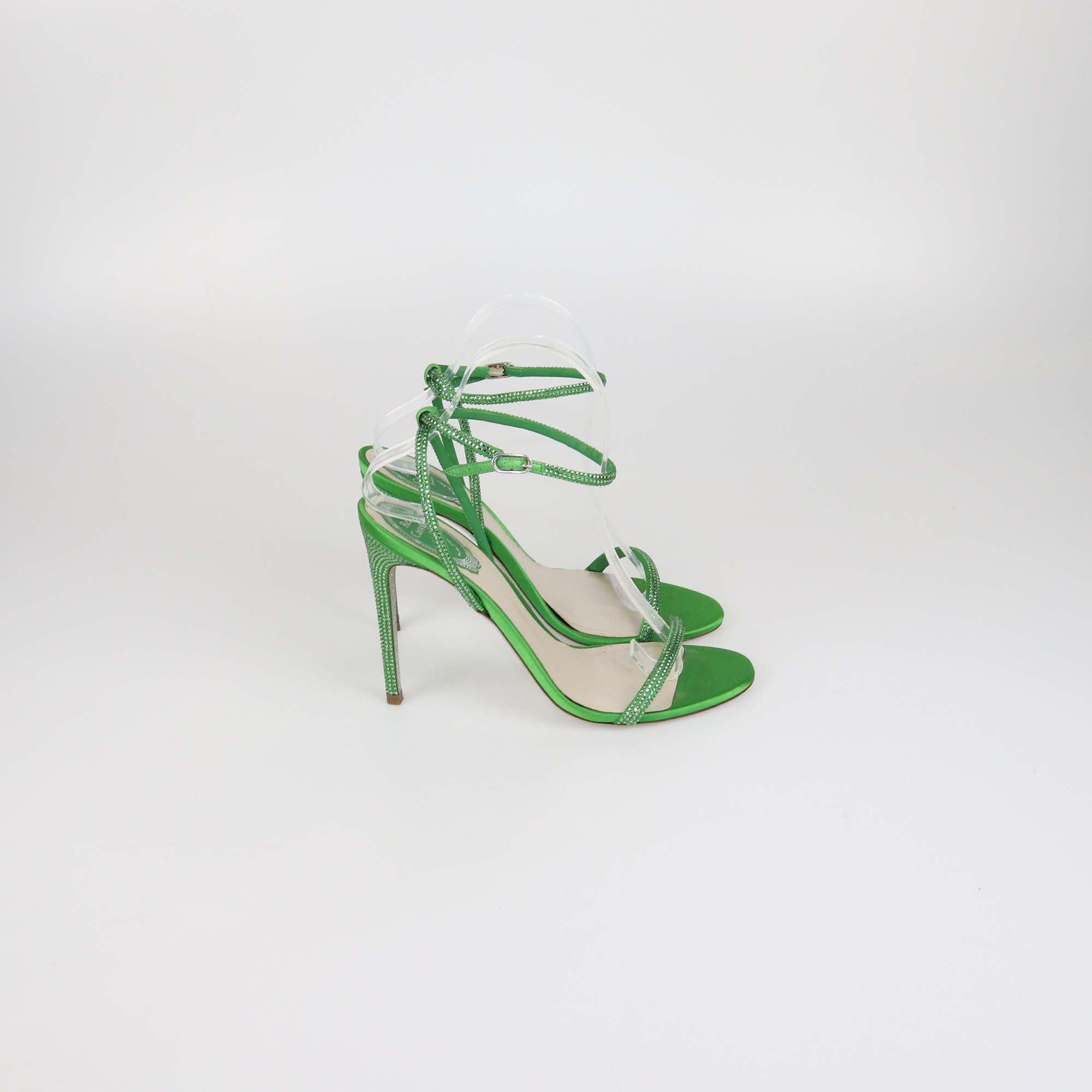 Rene Caovilla Green Satin Crystal Embellished Heel Sandals