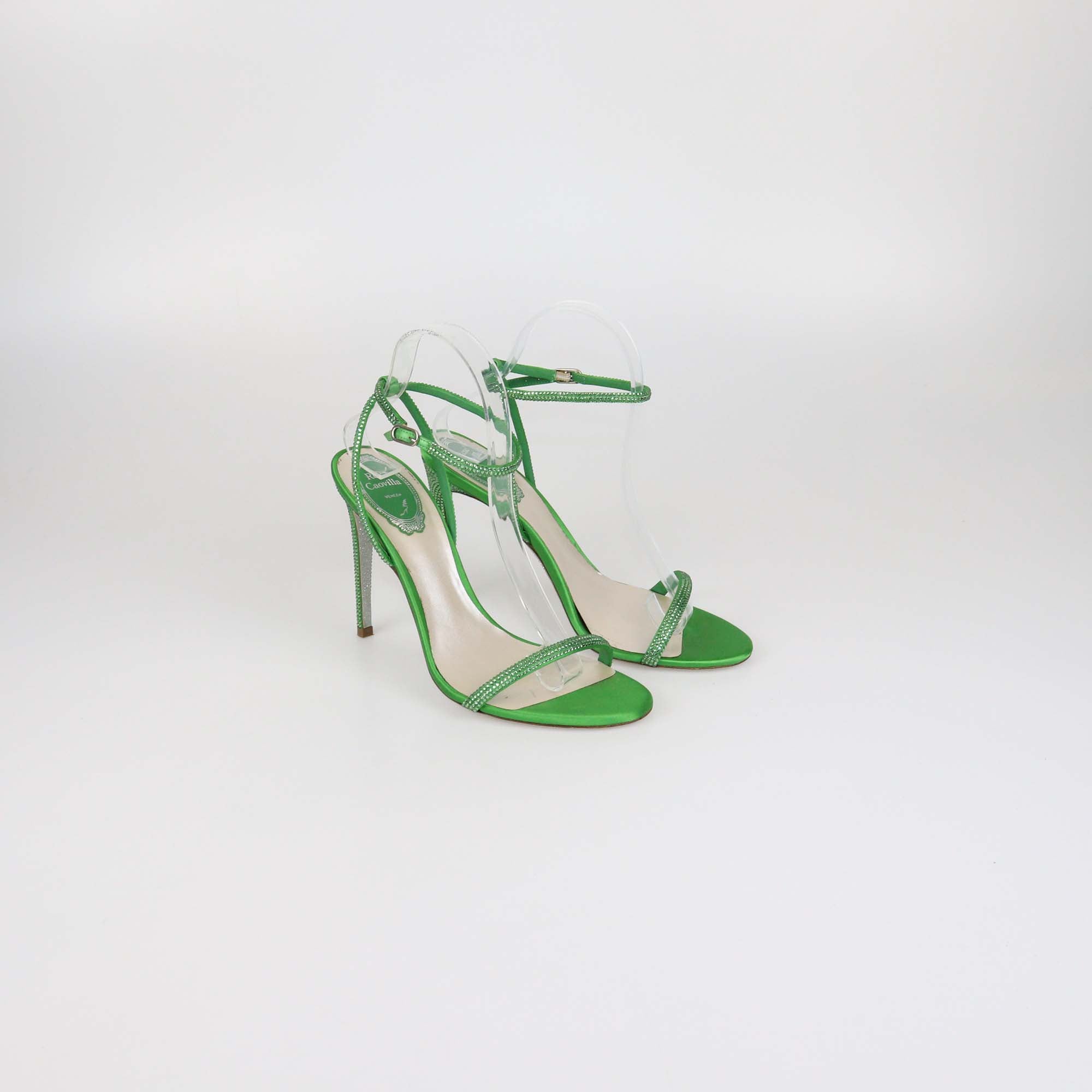 Rene Caovilla Green Satin Crystal Embellished Heel Sandals
