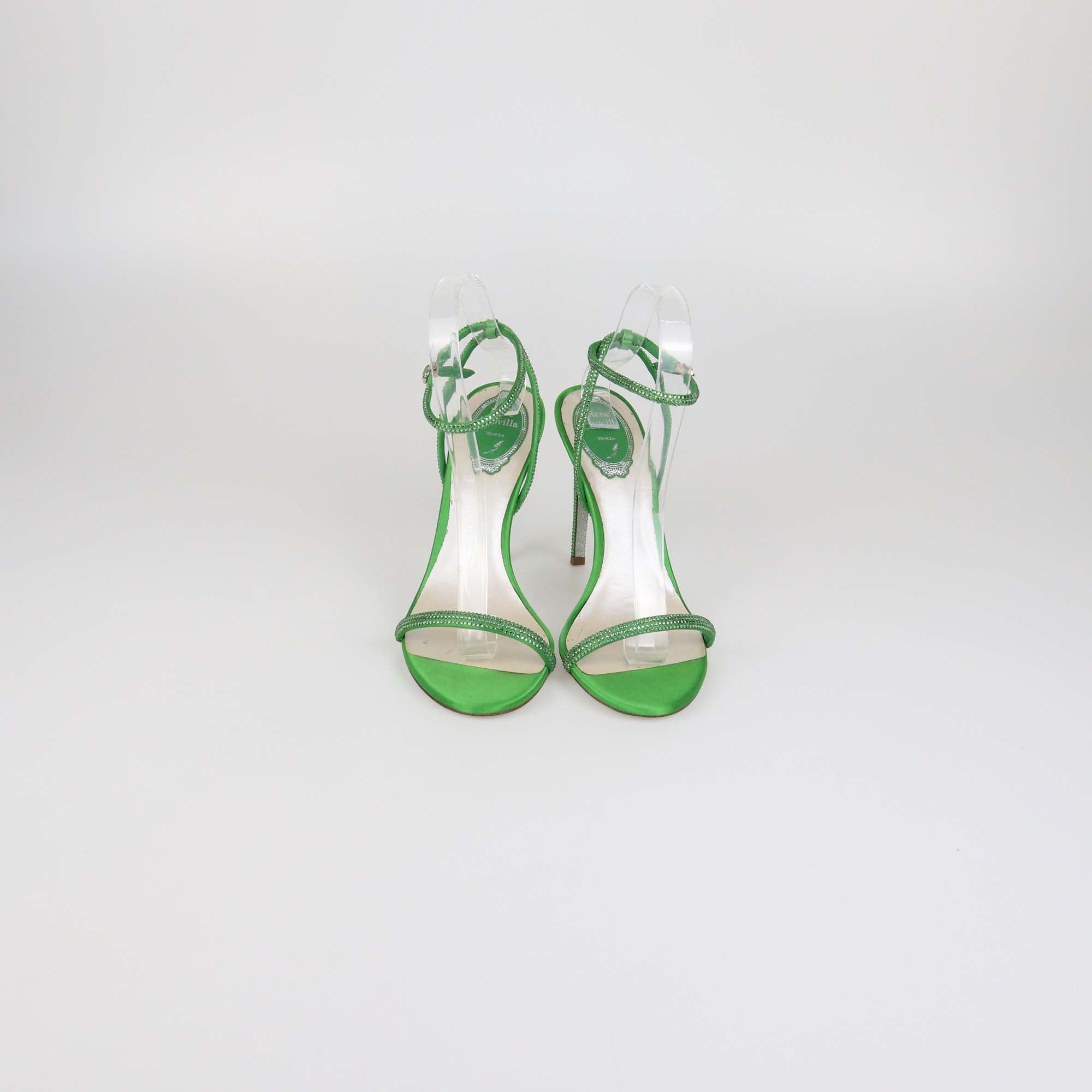 Rene Caovilla Green Satin Crystal Embellished Heel Sandals