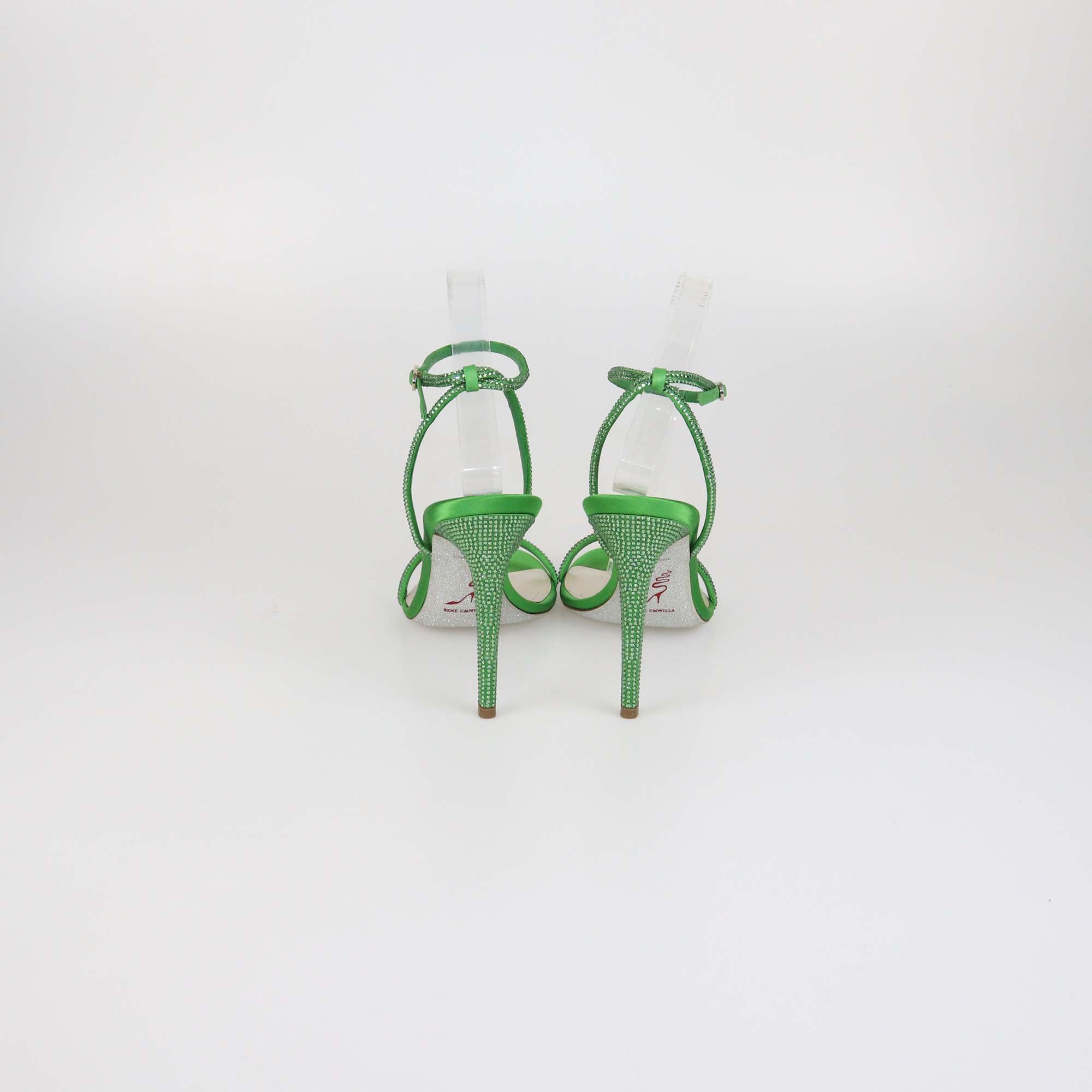 Rene Caovilla Green Satin Crystal Embellished Heel Sandals