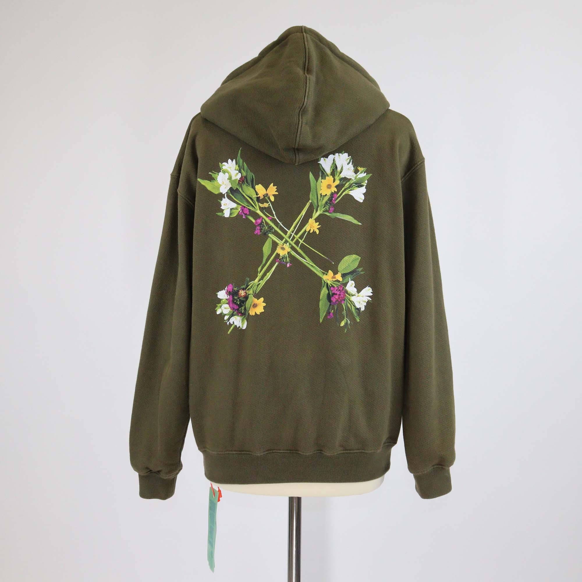 Off-White Khaki Green Floral Printed Cotton Knit Hoodie