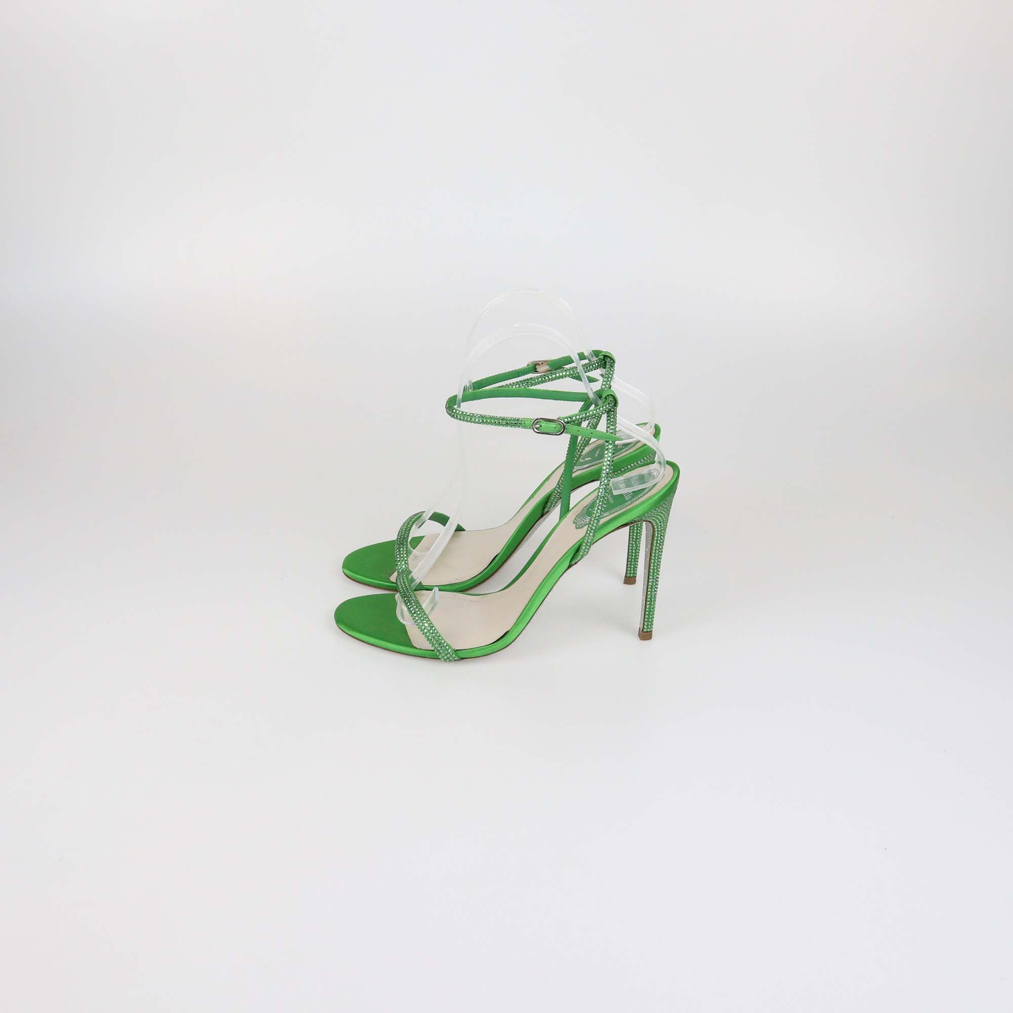 Rene Caovilla Green Satin Crystal Embellished Heel Sandals