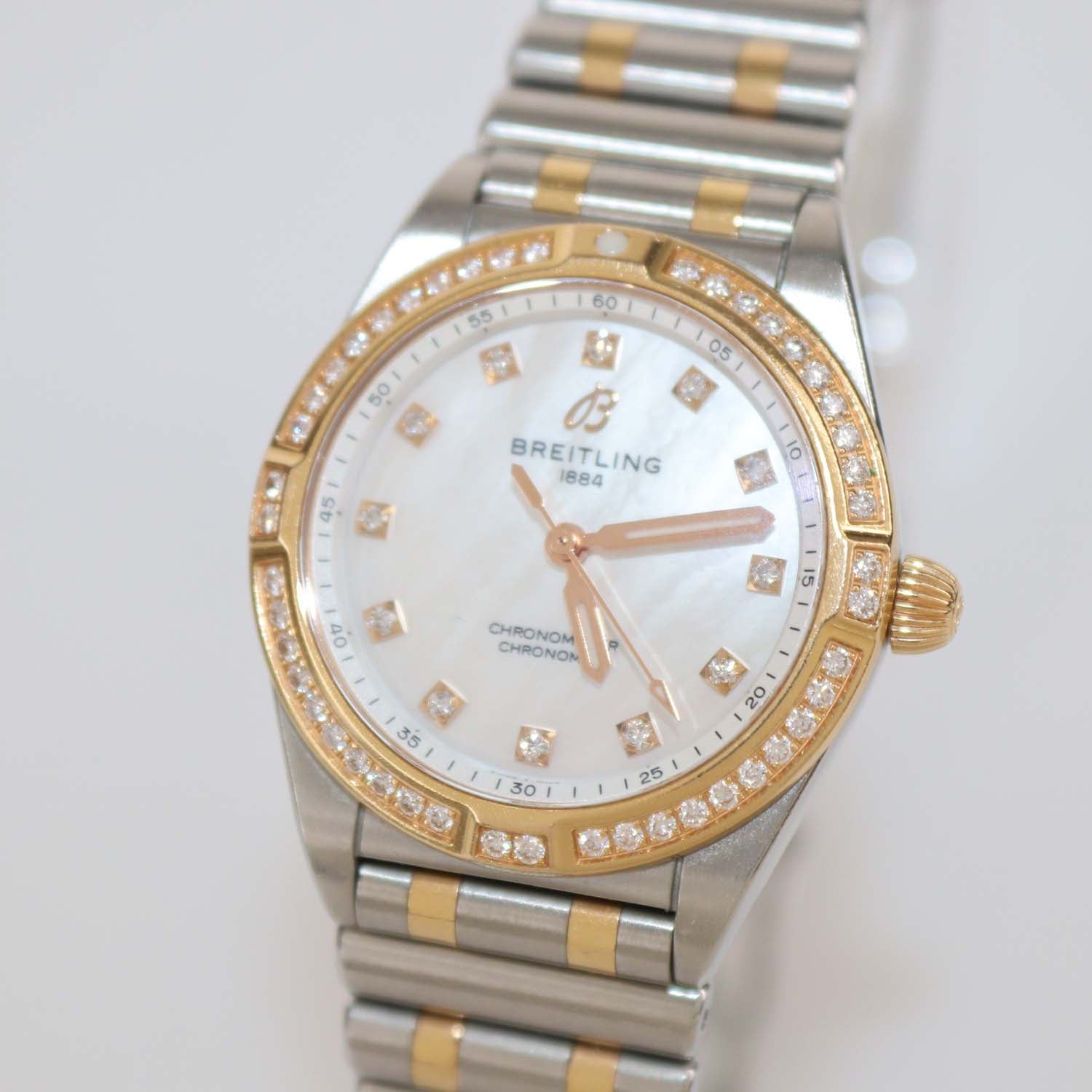 Breitling White MOP 18K Rose Gold Stainless Steel Diamond Chronomat Watch 28 mm
