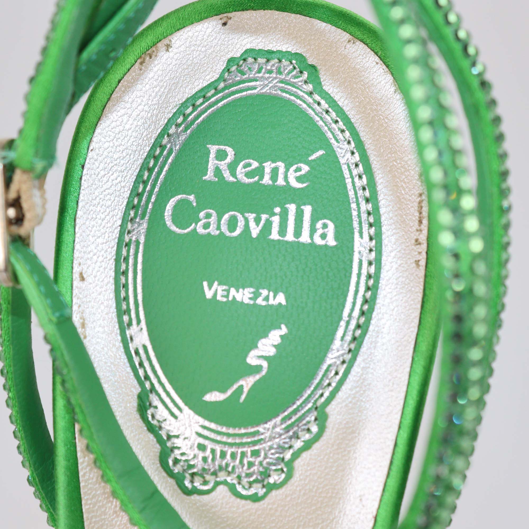 Rene Caovilla Green Satin Crystal Embellished Heel Sandals