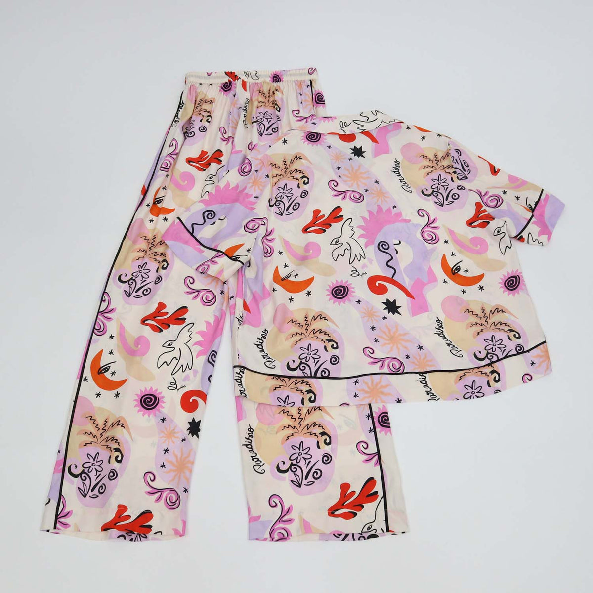 Maje Multicolor Silk Paradisio Patterned Floaty Shirt and Pants Set