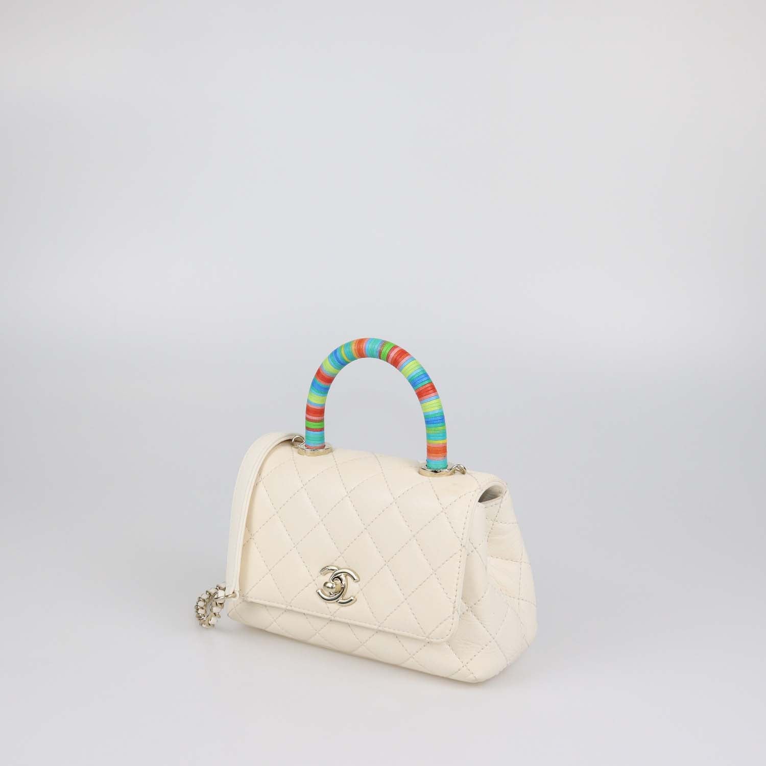 Chanel Off White Quilted Leather Mini Rainbow Coco Top Handle Bag