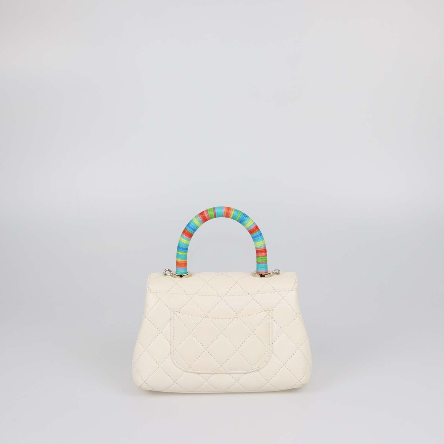 Chanel Off White Quilted Leather Mini Rainbow Coco Top Handle Bag