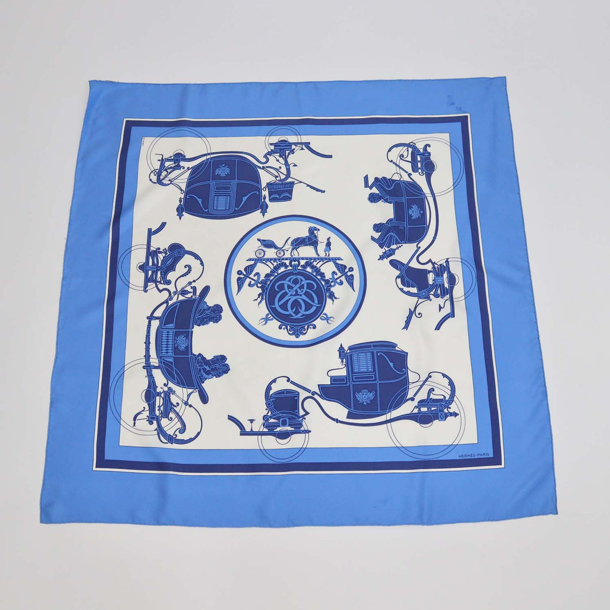 Hermes Blue,White Silk Ex-Libris Scarf 90