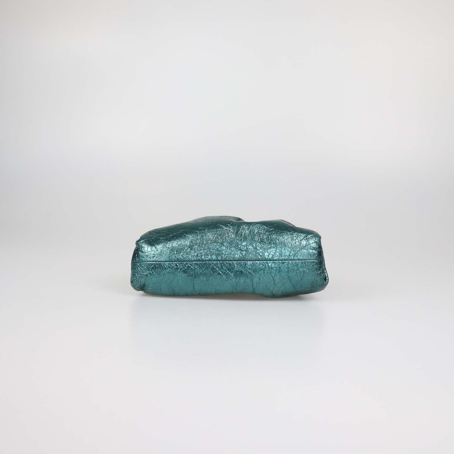 Bottega Veneta Metallic Green Distressed Leather Mini The Pouch Clutch