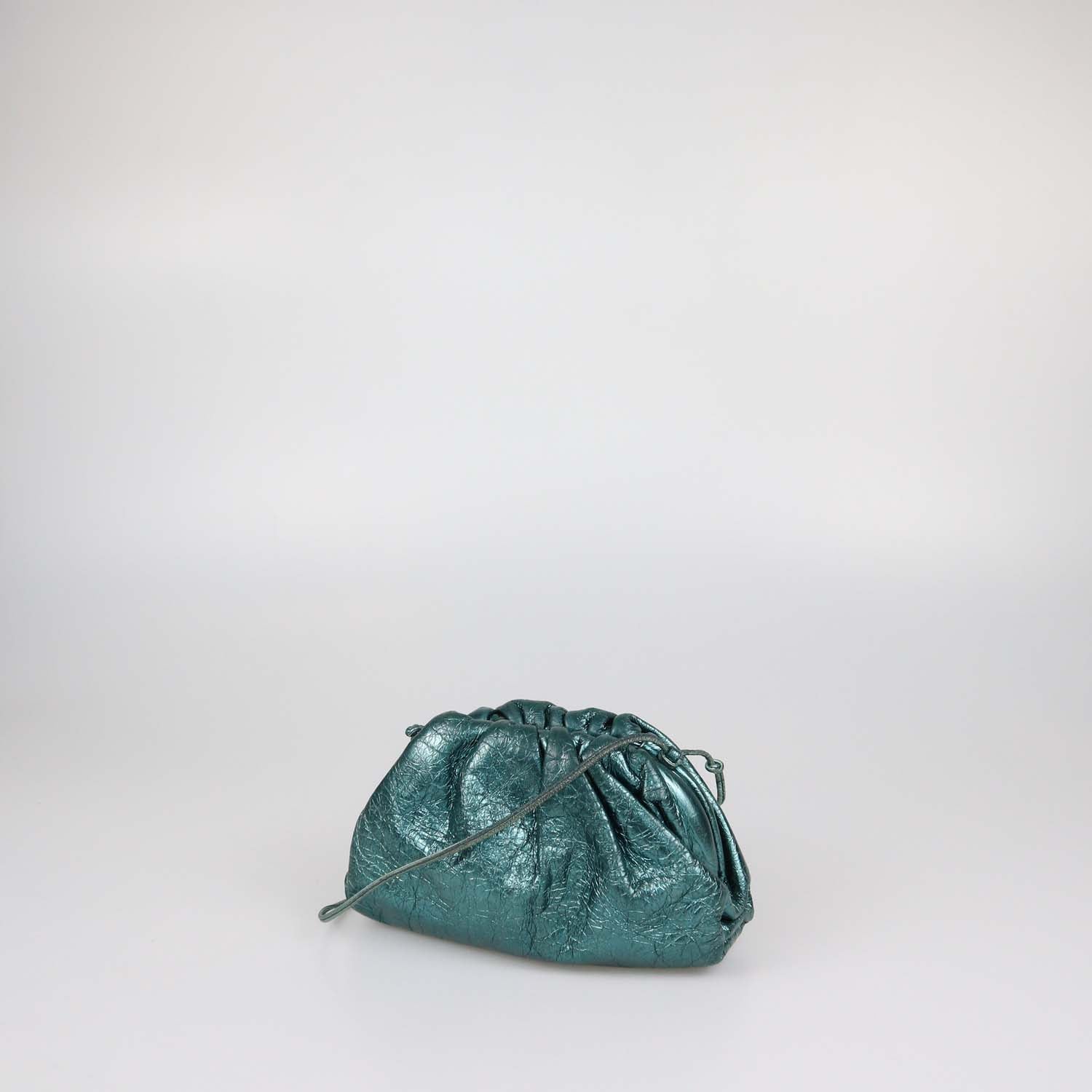 Bottega Veneta Metallic Green Distressed Leather Mini The Pouch Clutch