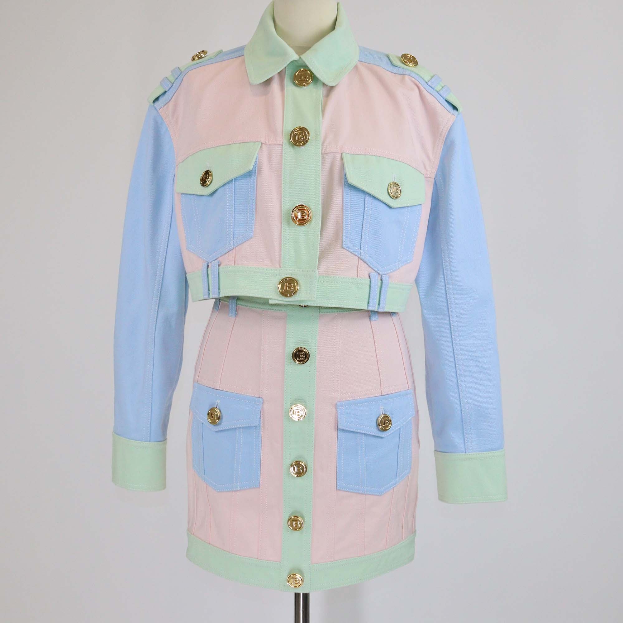 Balmain Colorblock Cotton Denim Accents Front Pocket Cropped Jacket and Skirt Sets