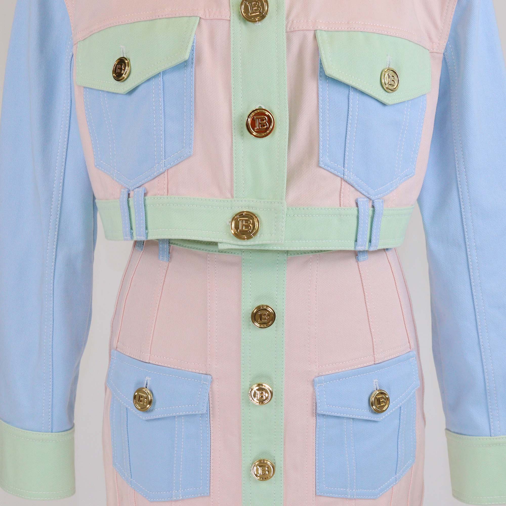 Balmain Colorblock Cotton Denim Accents Front Pocket Cropped Jacket and Skirt Sets