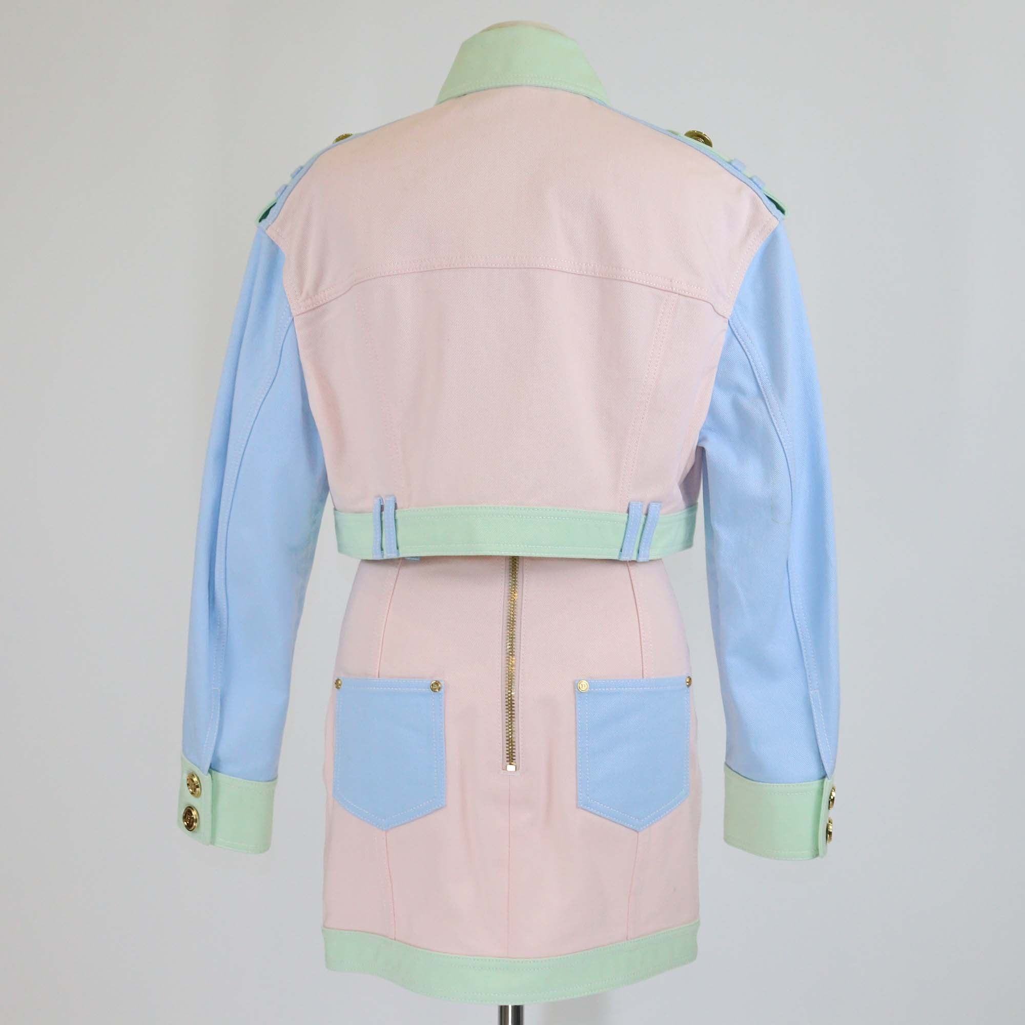 Balmain Colorblock Cotton Denim Accents Front Pocket Cropped Jacket and Skirt Sets