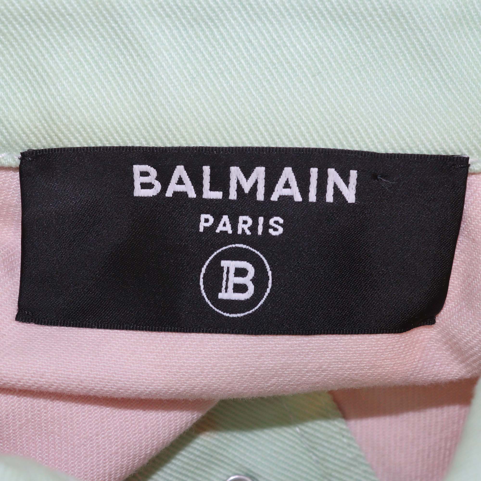 Balmain Colorblock Cotton Denim Accents Front Pocket Cropped Jacket and Skirt Sets