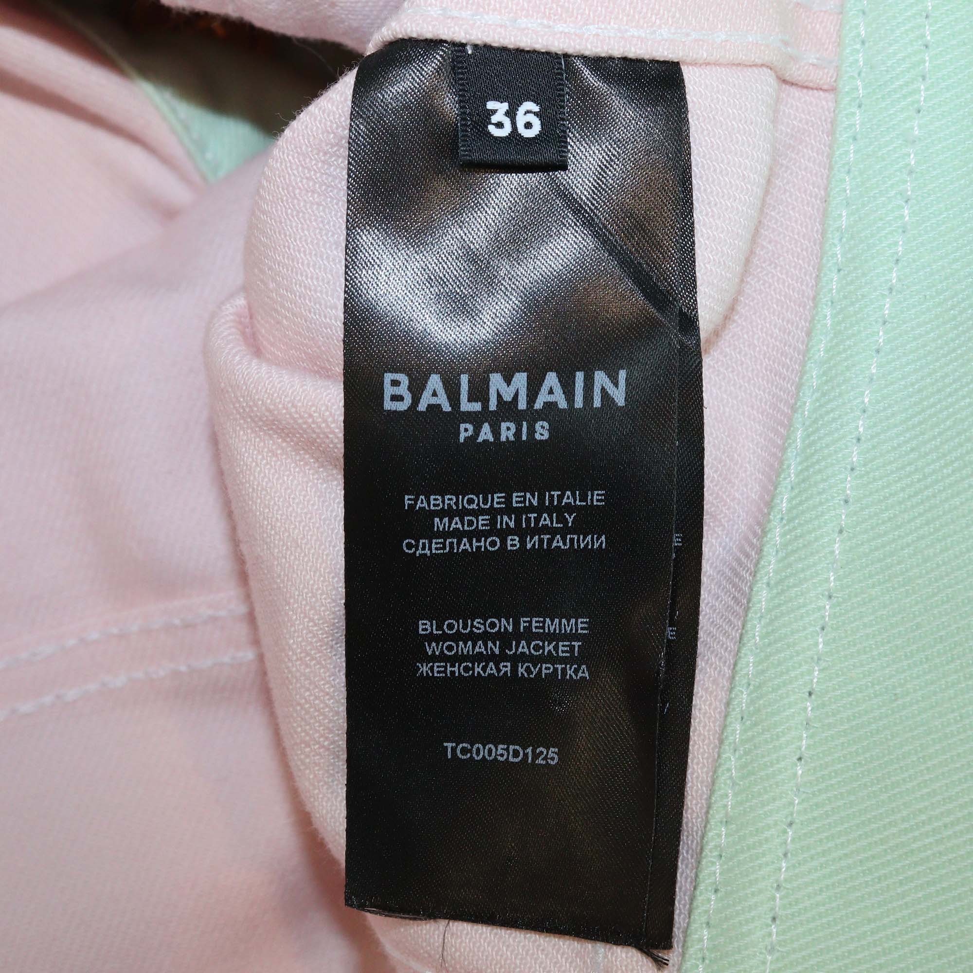 Balmain Colorblock Cotton Denim Accents Front Pocket Cropped Jacket and Skirt Sets