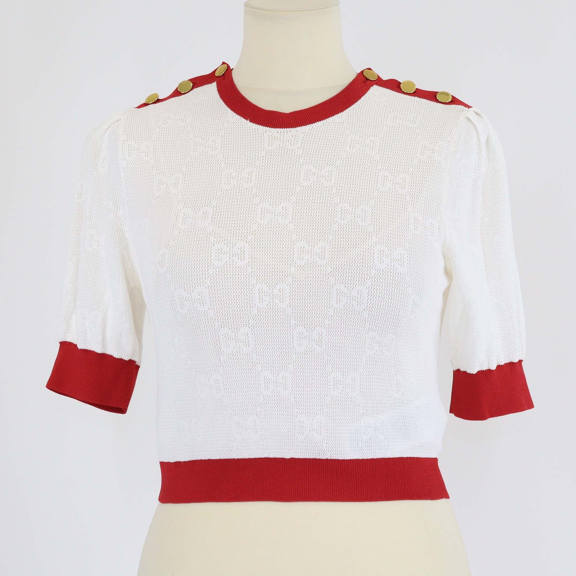 Gucci Ivory/Red GG Jacquard Mesh Button Shoulder Detailed Top Womens Gucci