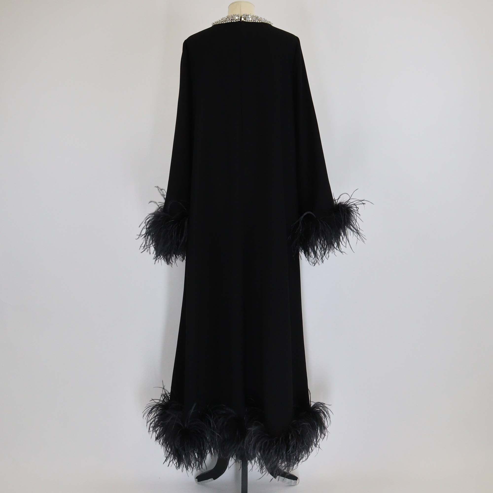 Miu Miu Black Ostrich Feather and Fabric Crystal Trim Long Sleeve Maxi Dress