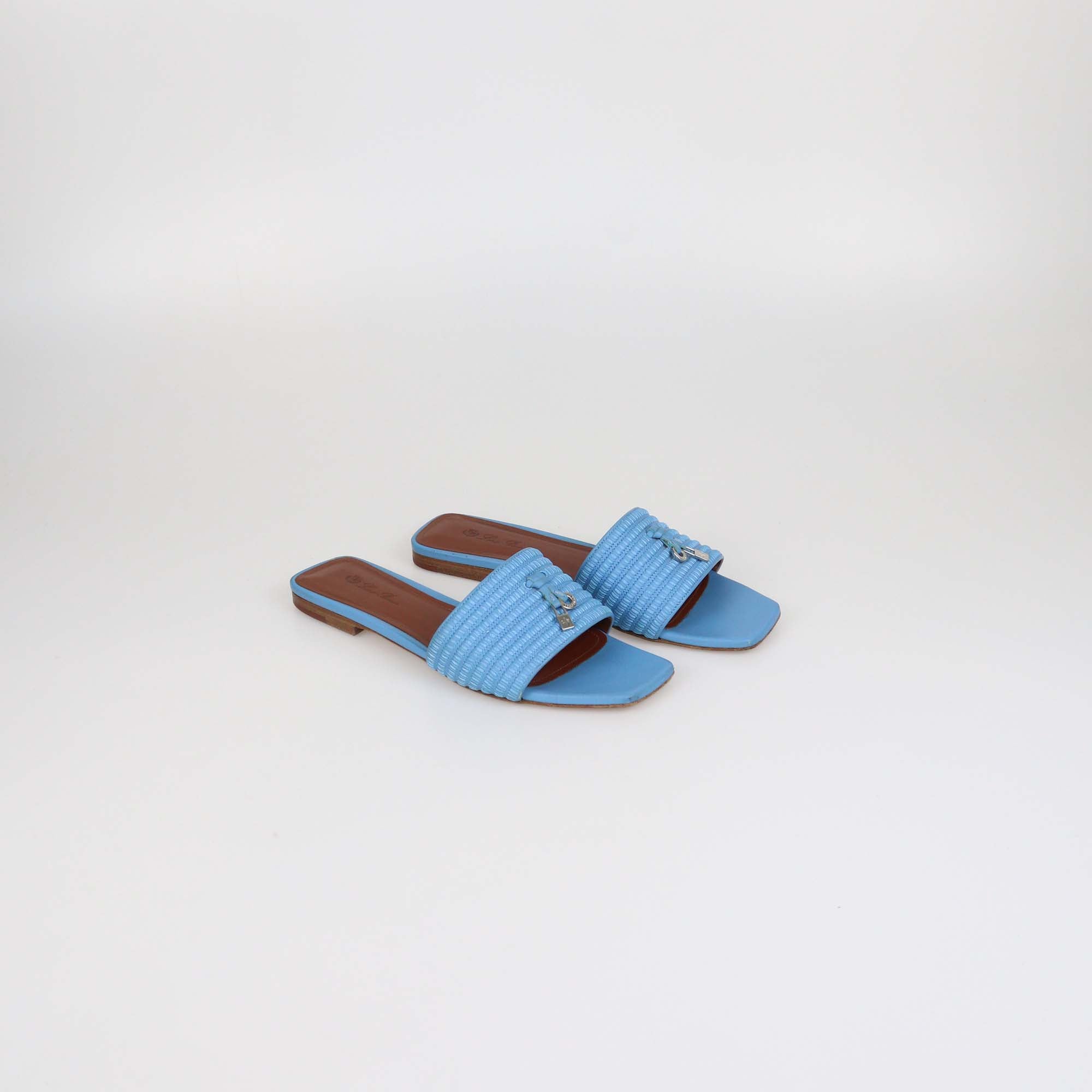 Loro Piana Blue Leather Sprightly Charm Flat Slides