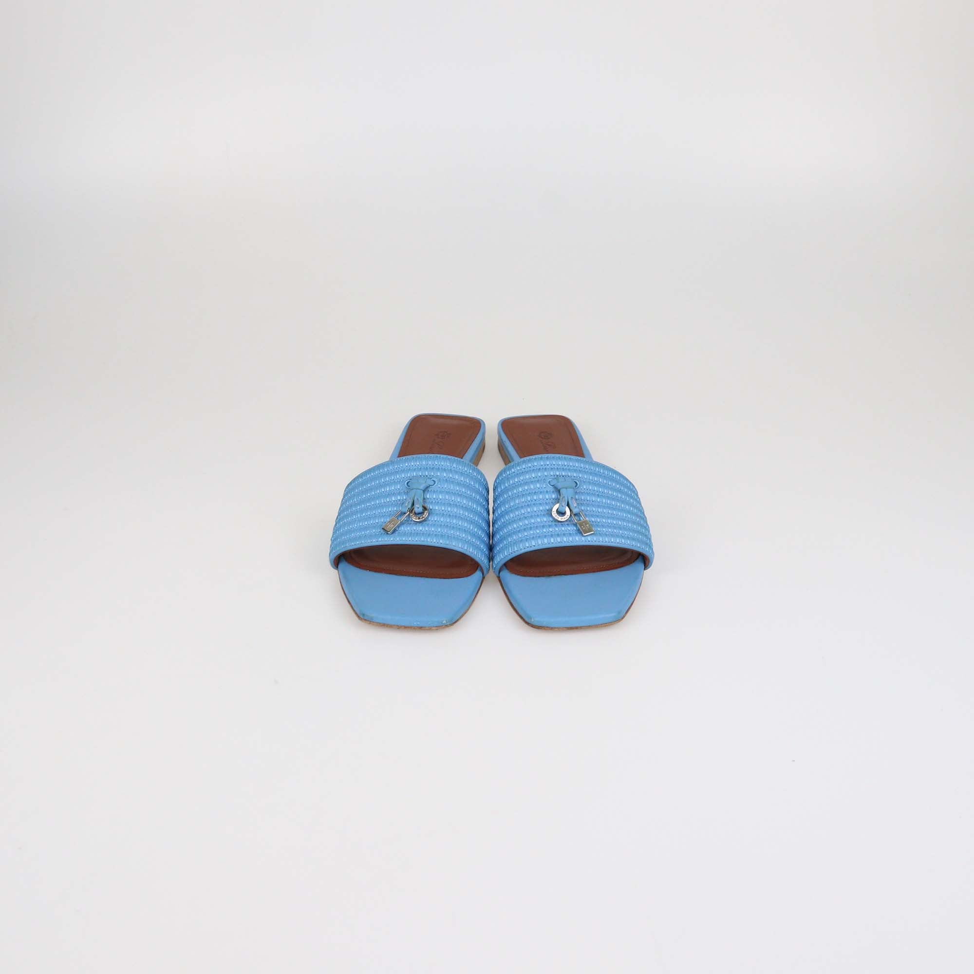 Loro Piana Blue Leather Sprightly Charm Flat Slides