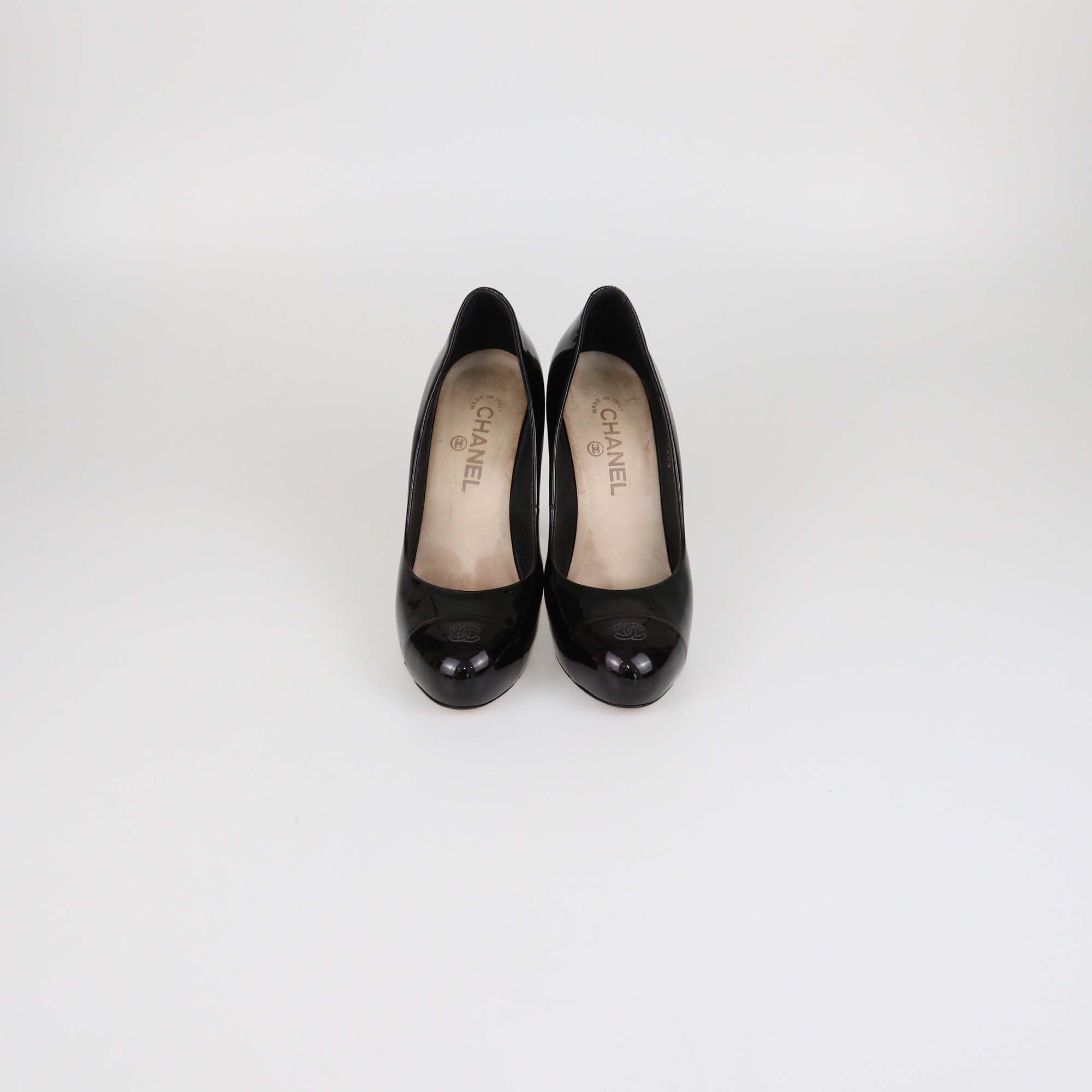 Chanel Black Patent Leather CC Cap Toe Pumps