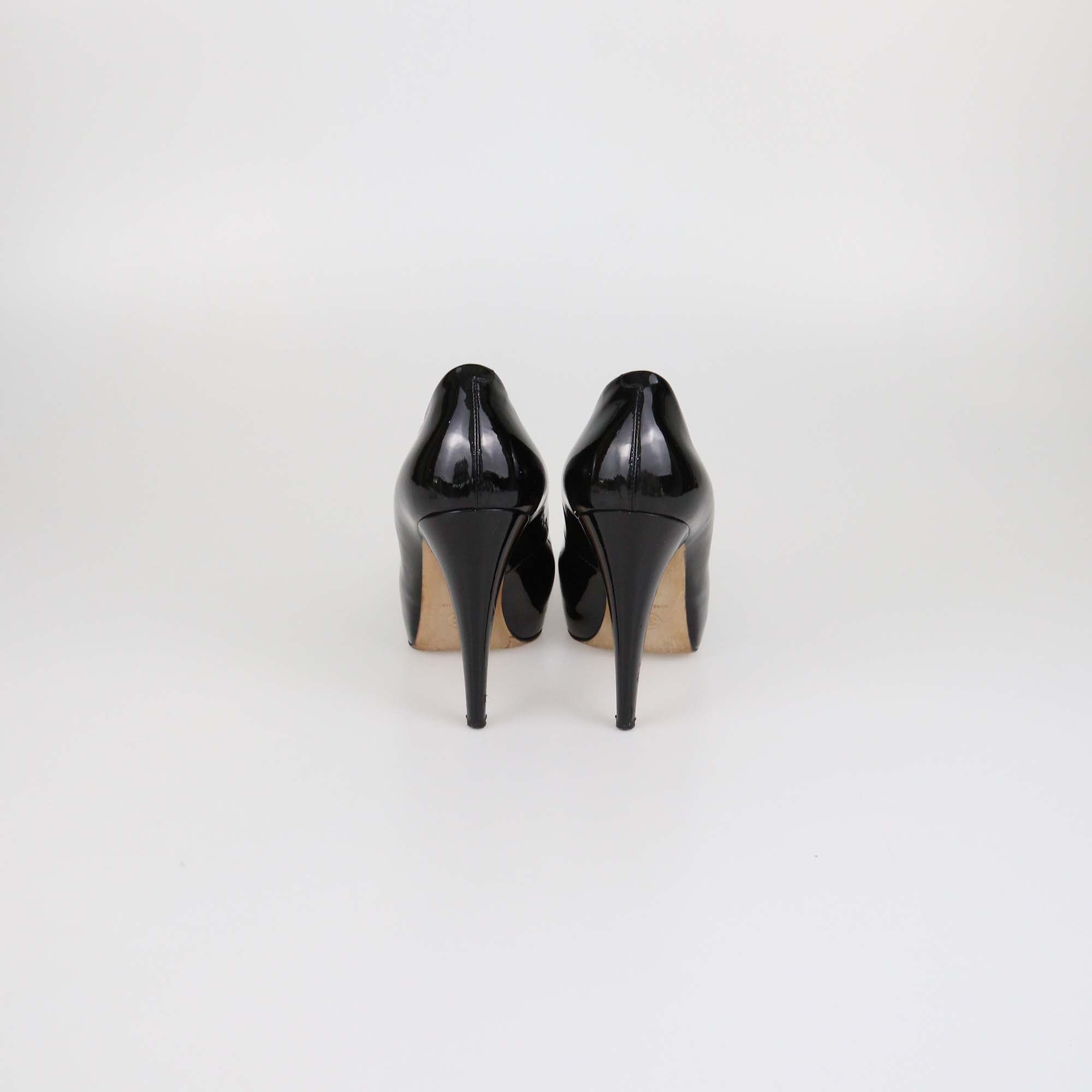 Chanel Black Patent Leather CC Cap Toe Pumps