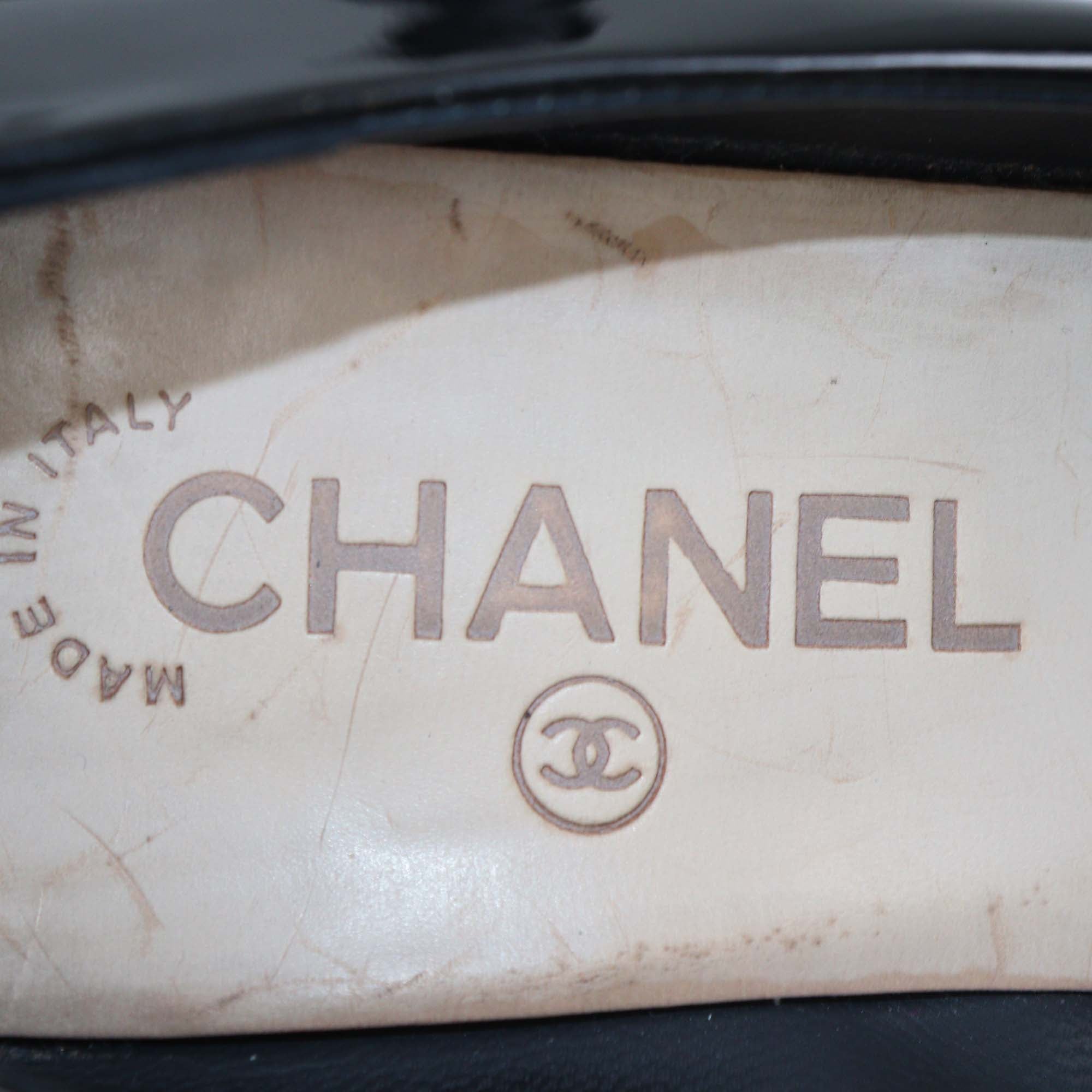 Chanel Black Patent Leather CC Cap Toe Pumps