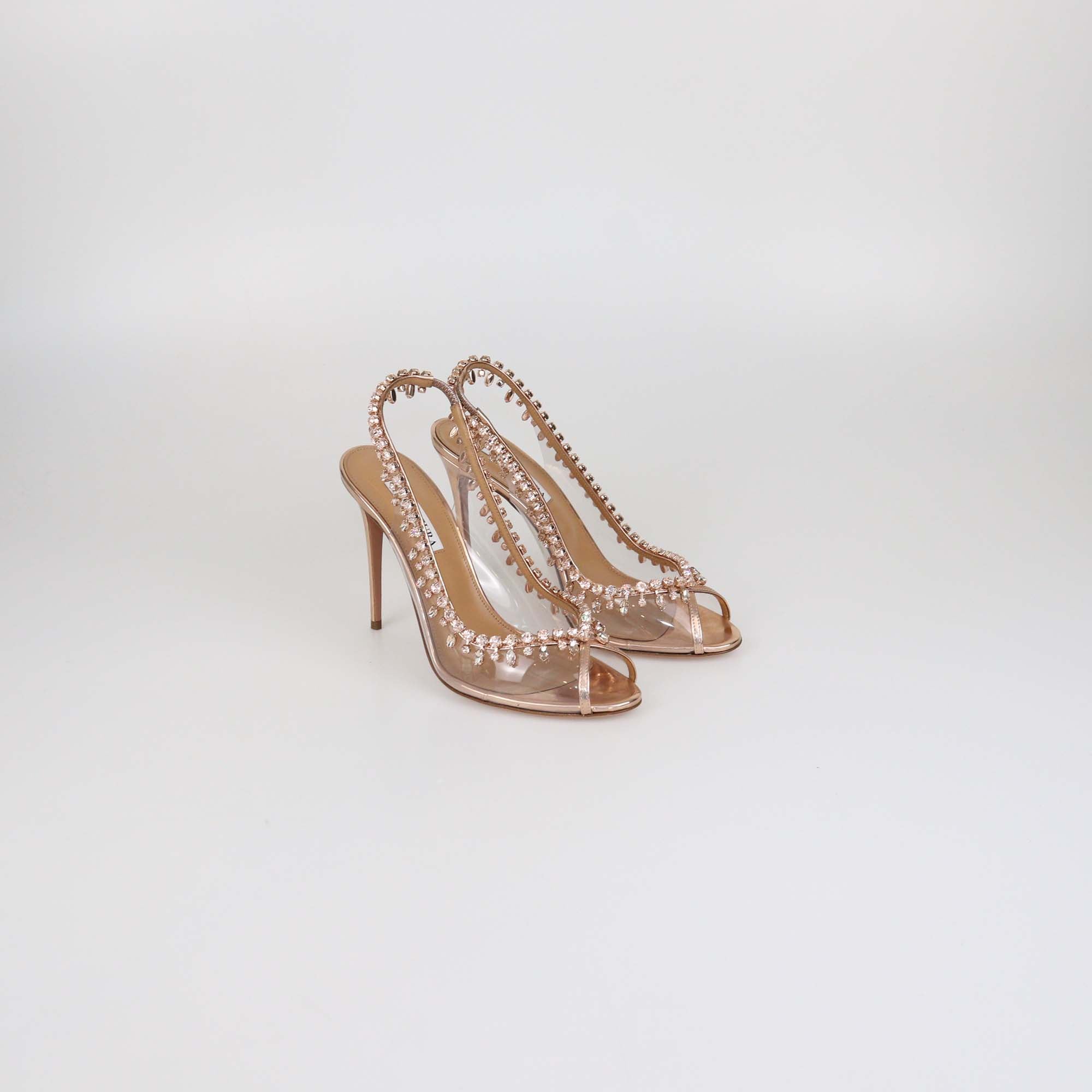 Aquazzura Rose Gold/Clear PVC Crystal Temptation Slingback Sandals