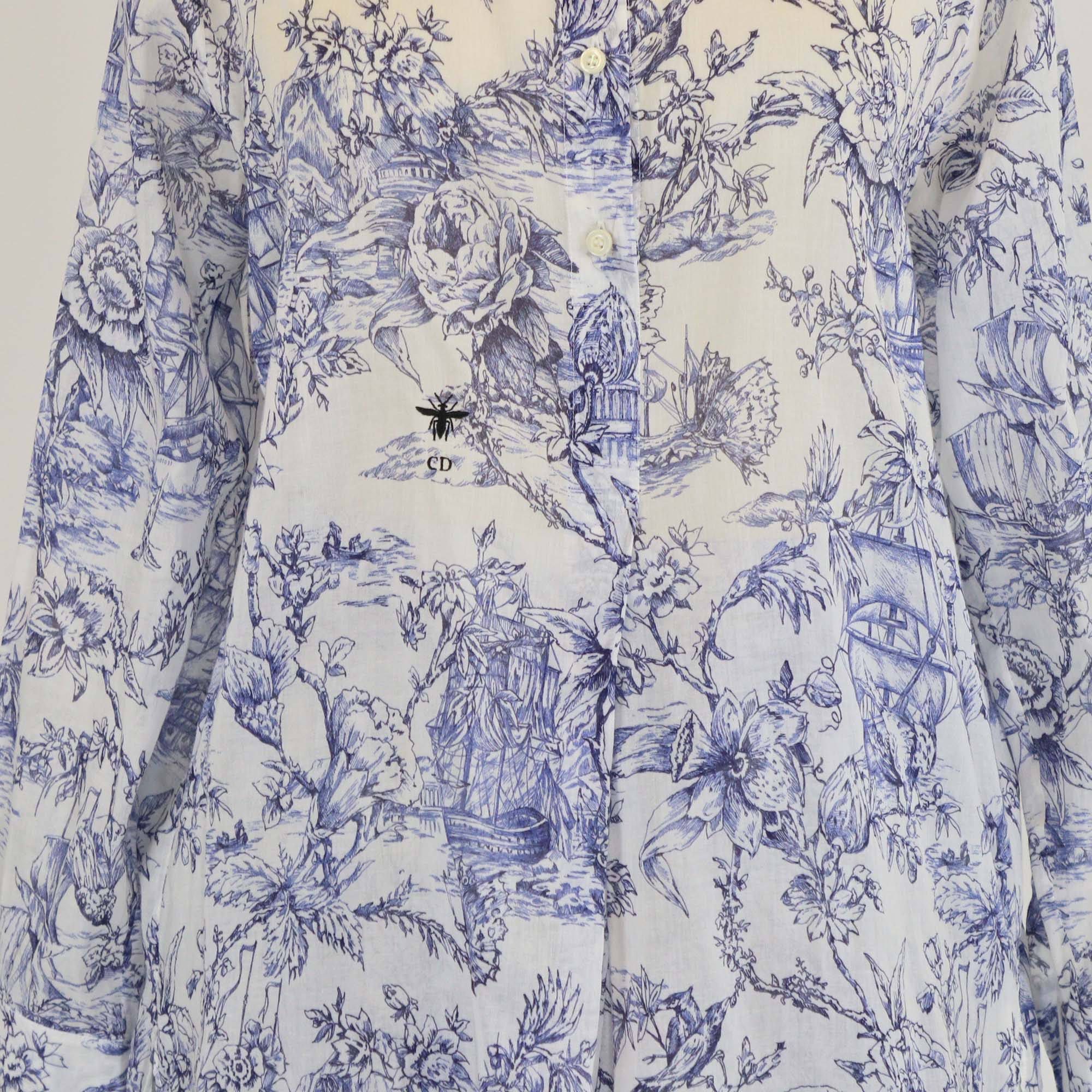 Christian Dior White/Blue Cotton Toile De Jouy Print Tunic Blouse & Skirt Set
